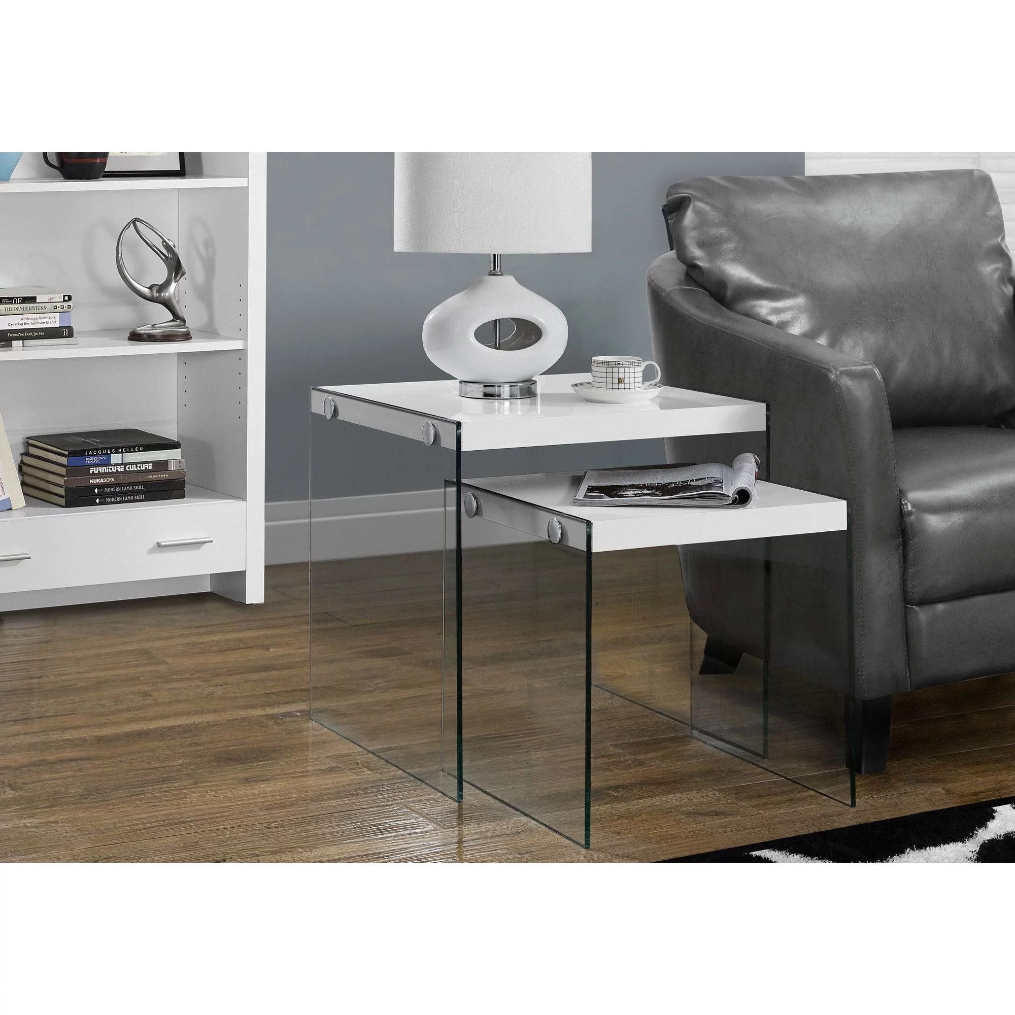 Monarch Specialties Nesting Table, Set Of 2, Side, End, Accent, Bedroom, Glossy White Laminate