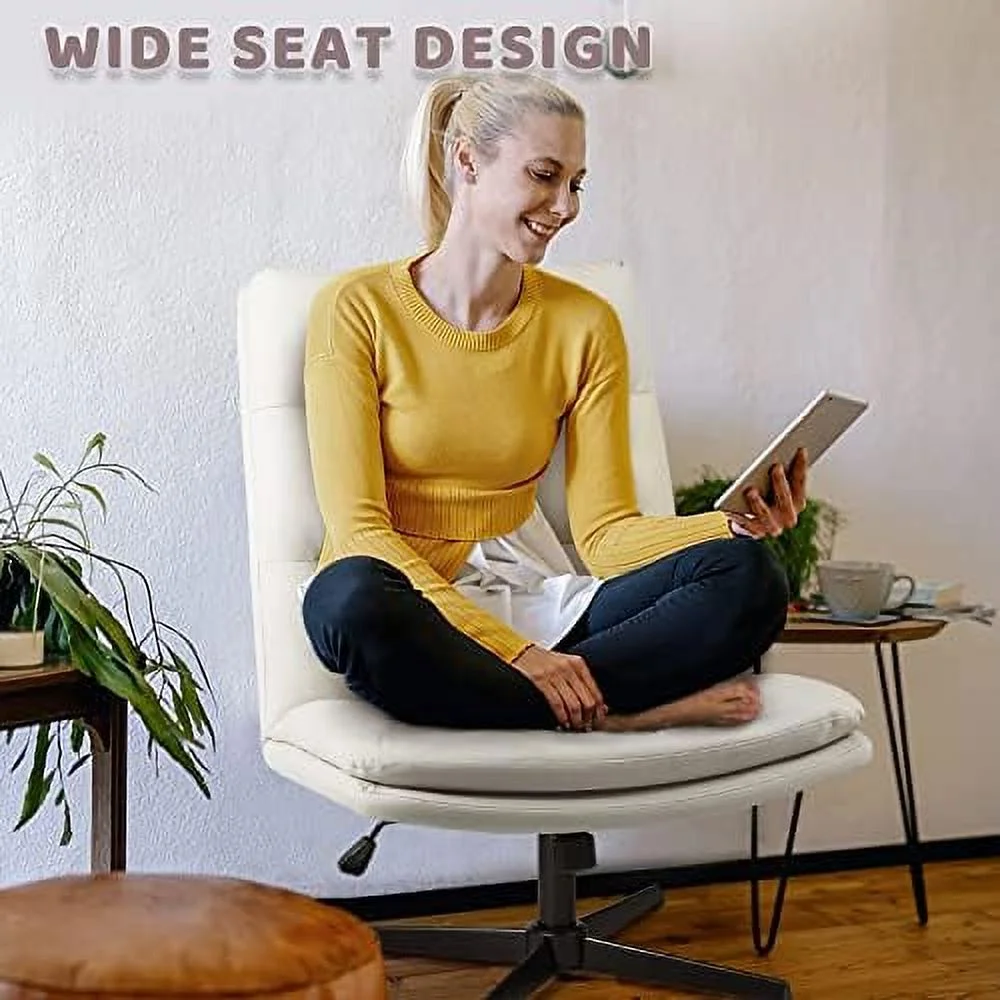 SJOINMB PU-Padded Armless Office Desk Chair No Wheels High-Back Wide Seat Home Chair 120° Rocking Cross Legged Computer Task Chairs Modern Adjustable Swivel Vanity Chairs (White)