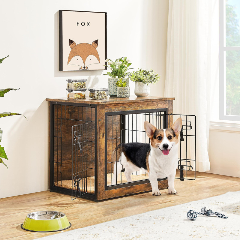 27.5'' Dog Crate Furniture with Cushion Wooden Dog Crate with Double Doors/Adjustable Feet Side End Table for Small/Medium Dogs, 27.5