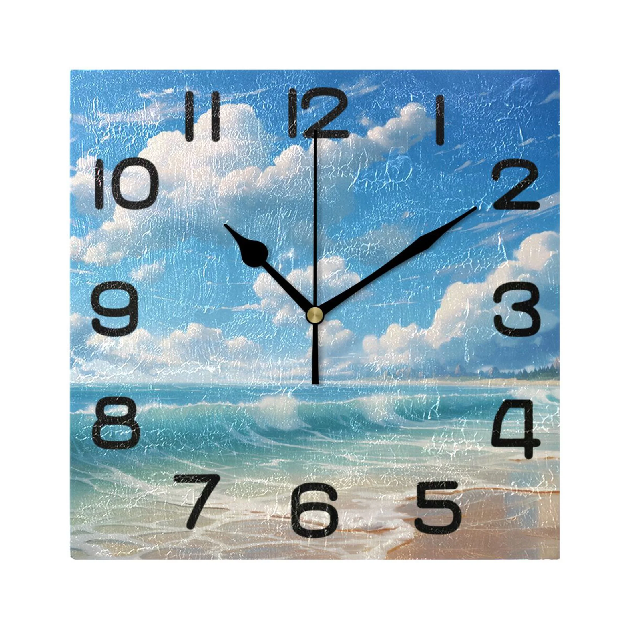 Wall Clock Square Silent Non-Ticking Blue Sky and Sea Retro Battery Operated Clock 7.78 inch Home Kitchen Office Decoration