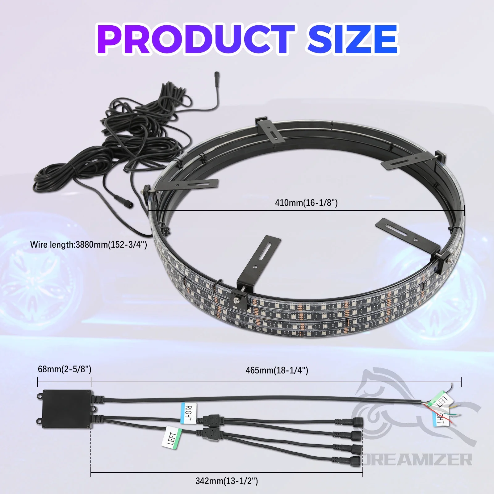 4PCS 15.5inch RGB LED Wheel Ring Light Kit Bluetooth Control w/Turn Signal and Braking Function can Controlled by Remote and APP(Double Row)