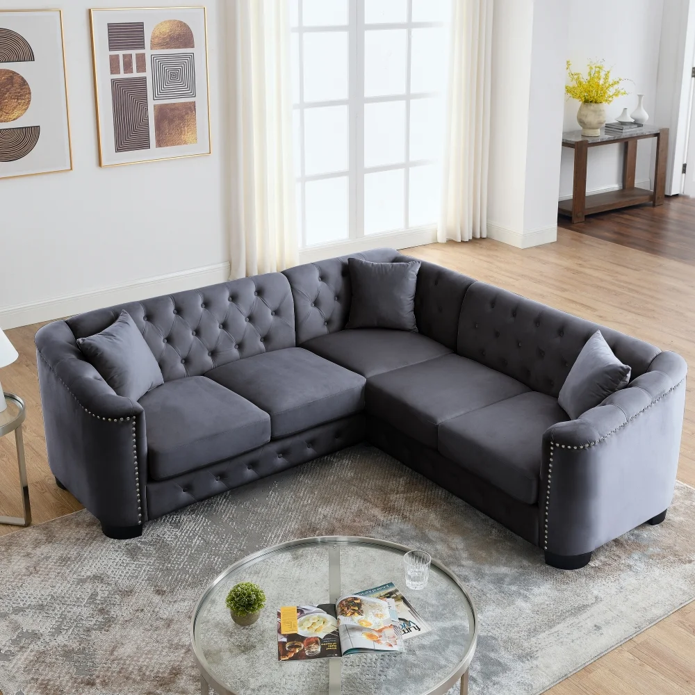 82-Inch Modern Chesterfield Velvet Sofa,Corner Sofa Covers 5 Seat Nail Head Decor L-Shaped Sectional Couch, 5-Seater Corner Sofas with 3 Cushions for Living Room, Bedroom, Apartment, W834S00082