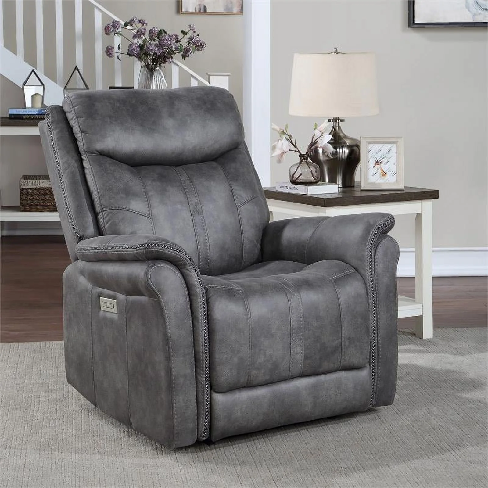 Bowery Hill Contemporary Power Recliner Stone Faux Suede Fabric