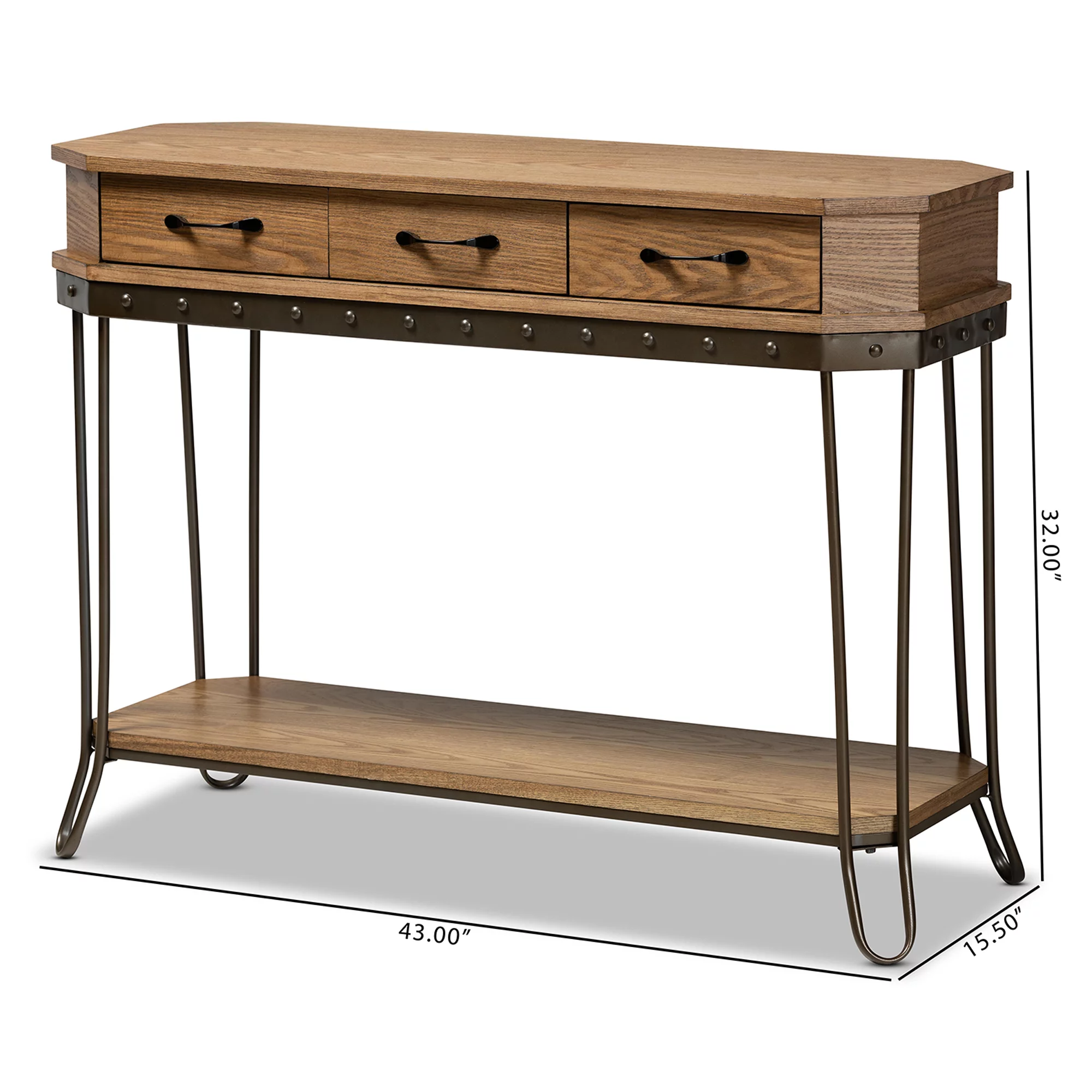 Baxton Studio Kellyn Industrial Wood and Metal 3 Drawer Console Table, Oak