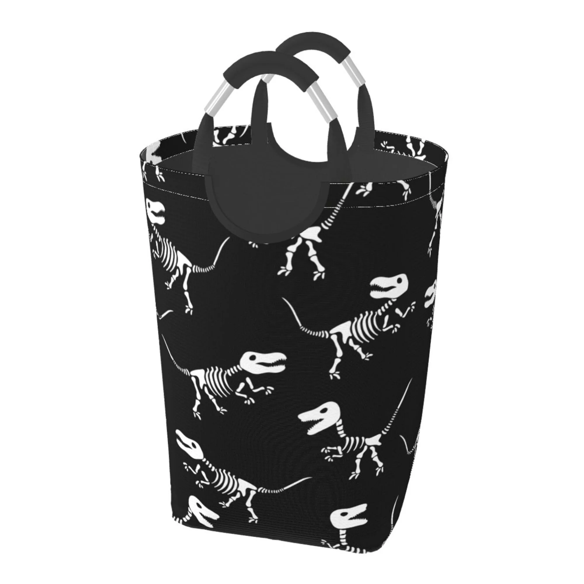 TEQUAN 50L Large Rectangular Laundry Hamper with Aluminum Handles, Cartoon Dinosaur Skeletons Prints Waterproof Foldable Dirty Clothes Basket
