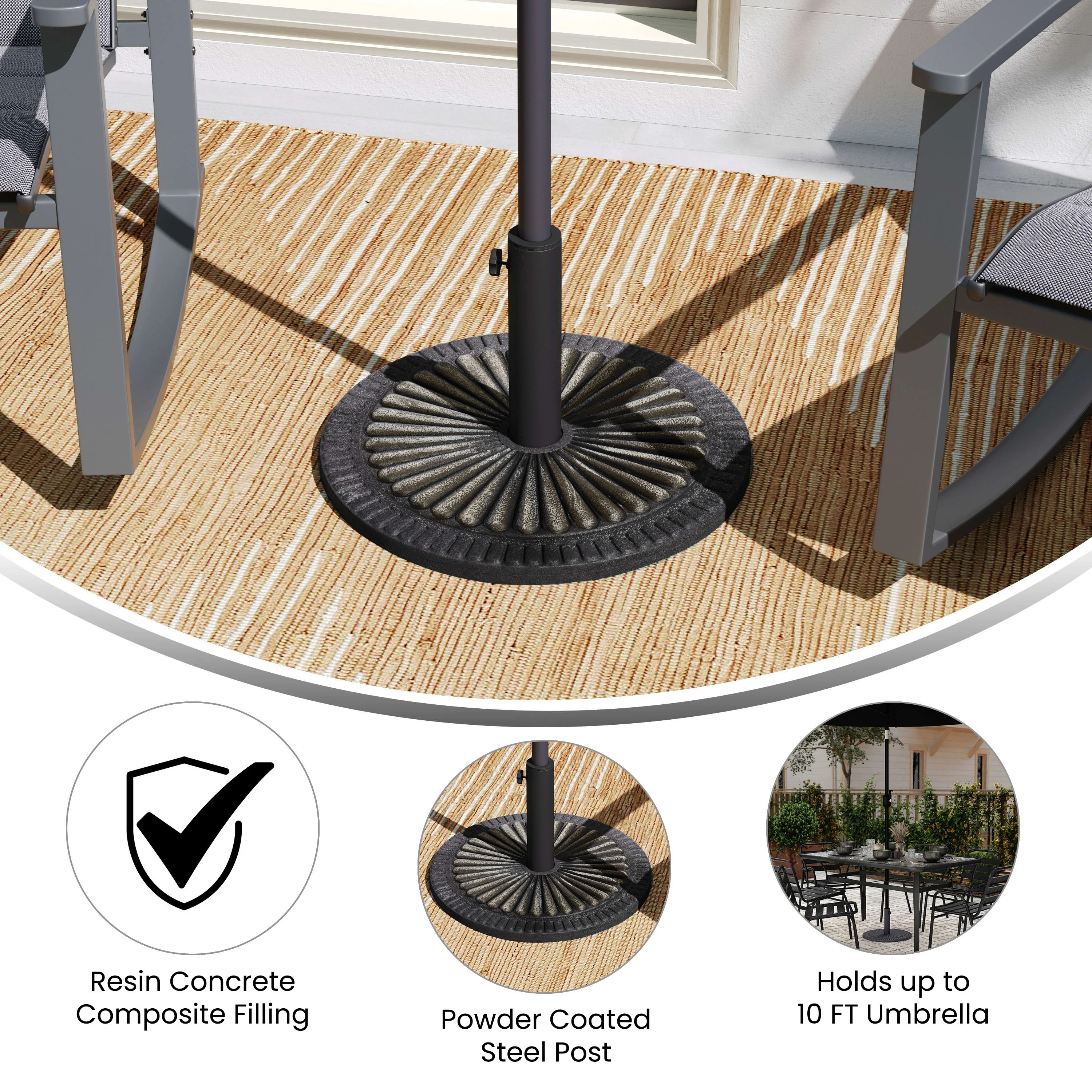 Flash Furniture Universal Bronze Cement Patio Umbrella Base with Sunburst Patterned Weatherproof Plastic Polymer Coating - 19.25