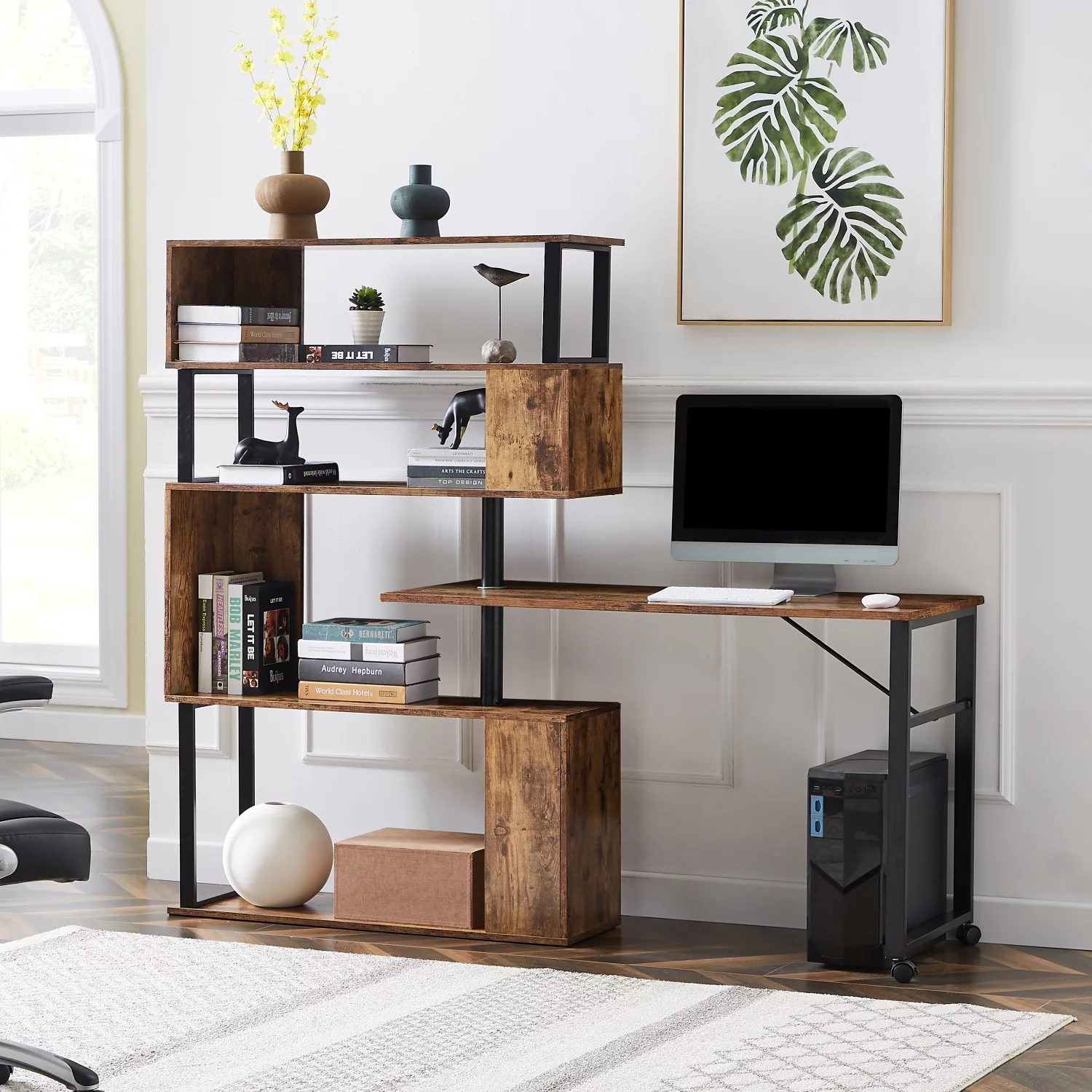 Modern Rotating L-Shaped Home Office Computer Desk with Lockable Casters and Unique Tiger Design  featuring 5-Tier Bookshelf for Easy Installation Methods and Four Corners Table