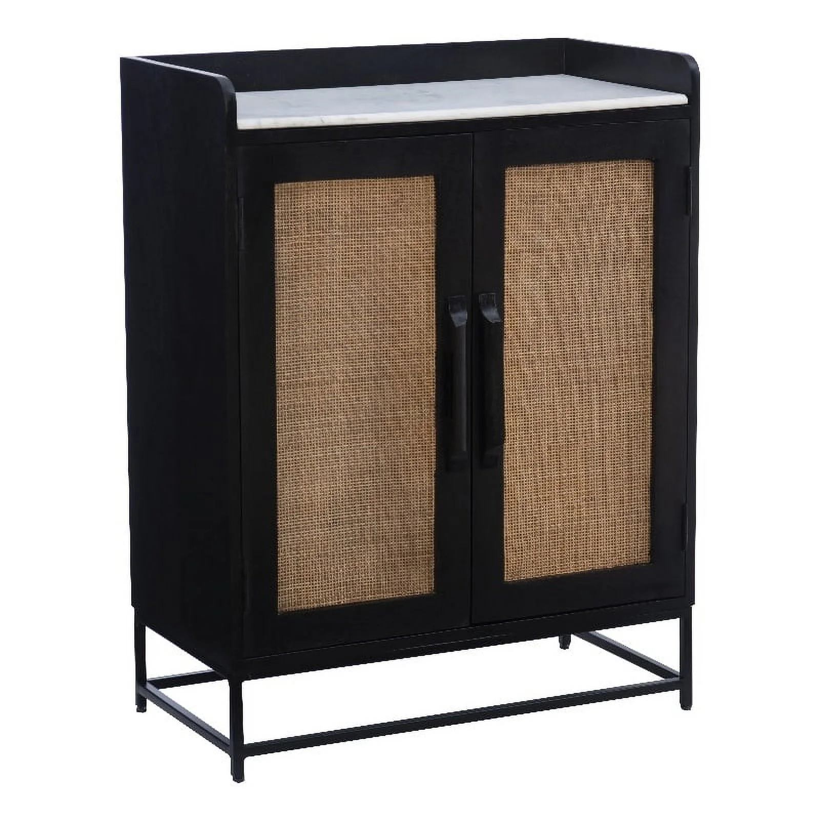 Pemberly Row Wood Bar Storage Cabinet White Marble Top Cane Panel Doors in Black