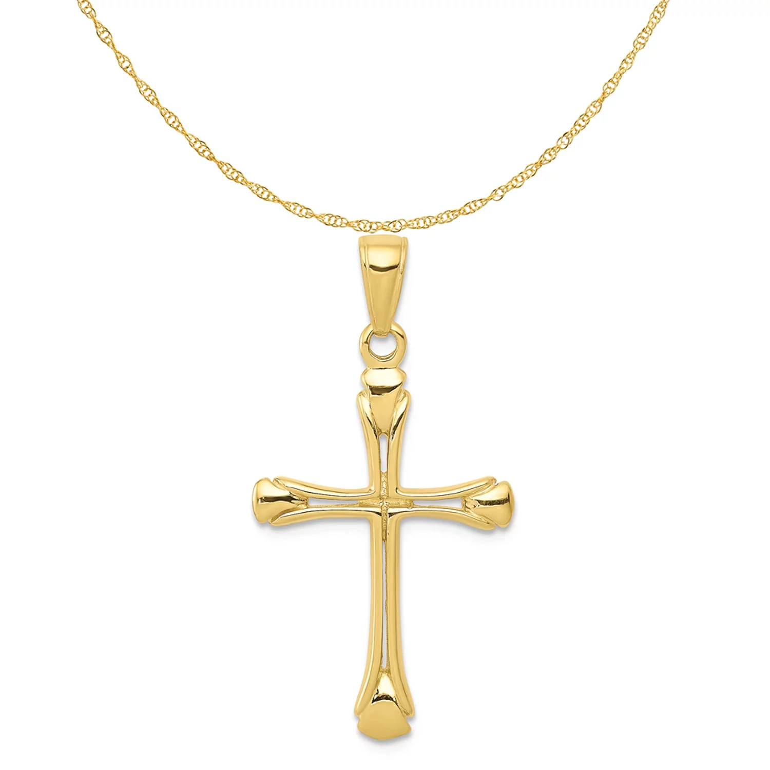 Carat in Karats 10K Yellow Gold Cross With Triangle Tips Pendant Charm (33mm x 17mm) With 14K Yellow Gold Lightweight Rope Chain Necklace 20''