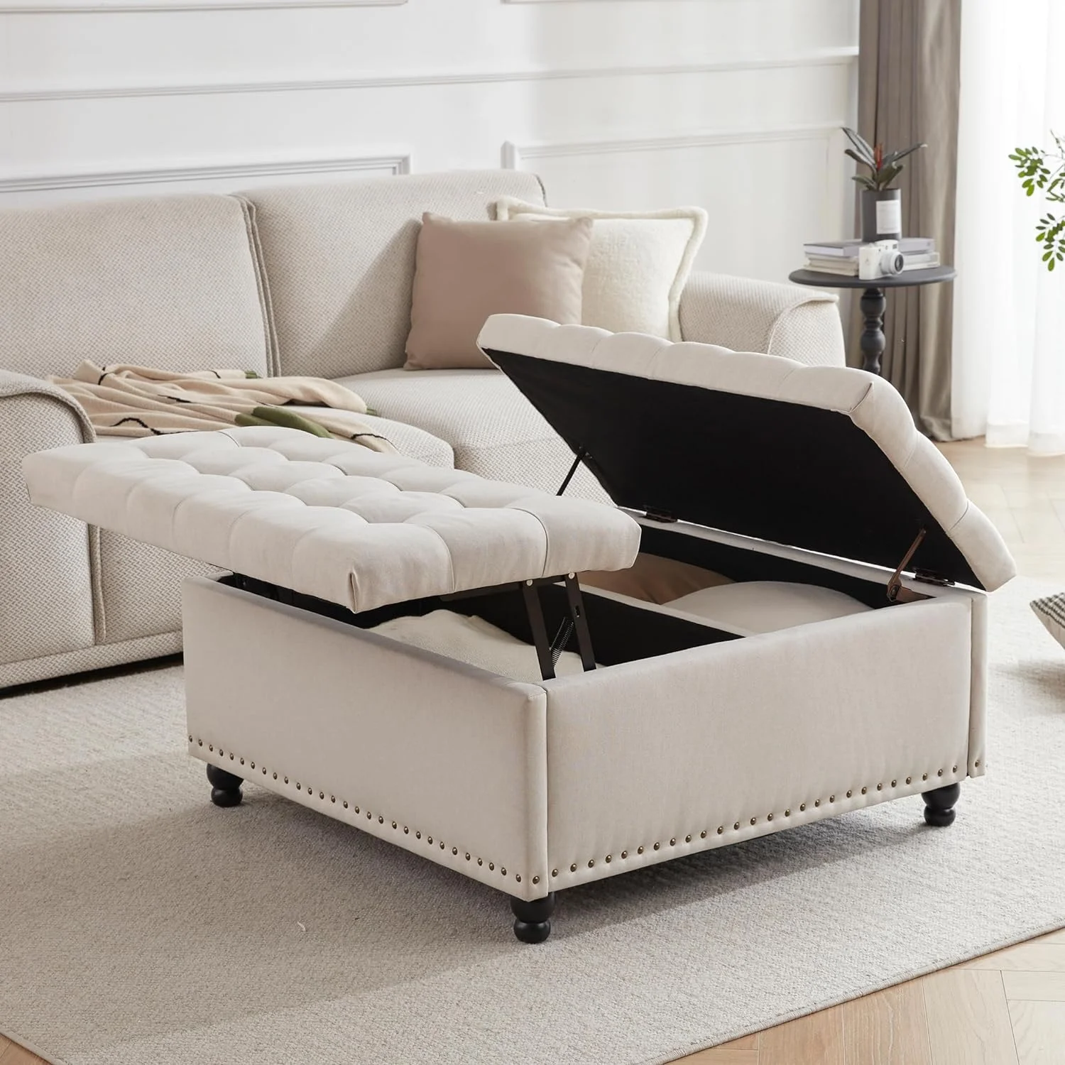 Tfit 35.5“ Large Square Storage Ottoman Bench, Tufted Upholstered Coffee Table Ottoman with Storage, Oversized Storage Ottomans Toy Box for Living Room，Beige