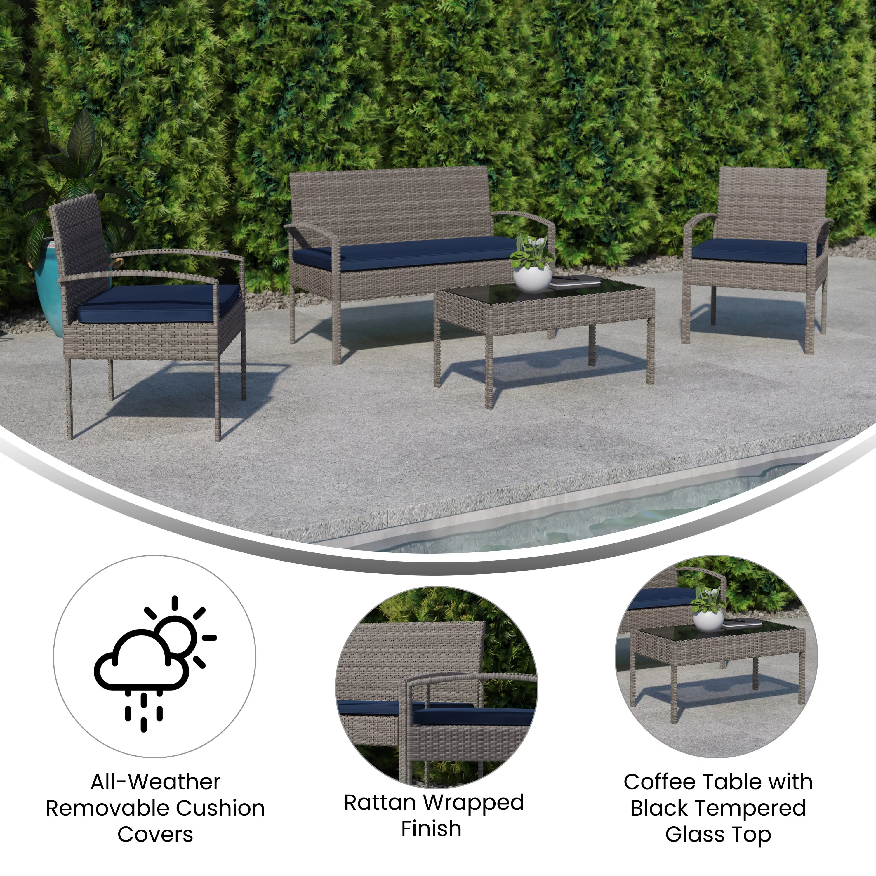 Flash Furniture Aransas Series 4 Piece Gray Patio Set with Steel Frame and Navy Cushions
