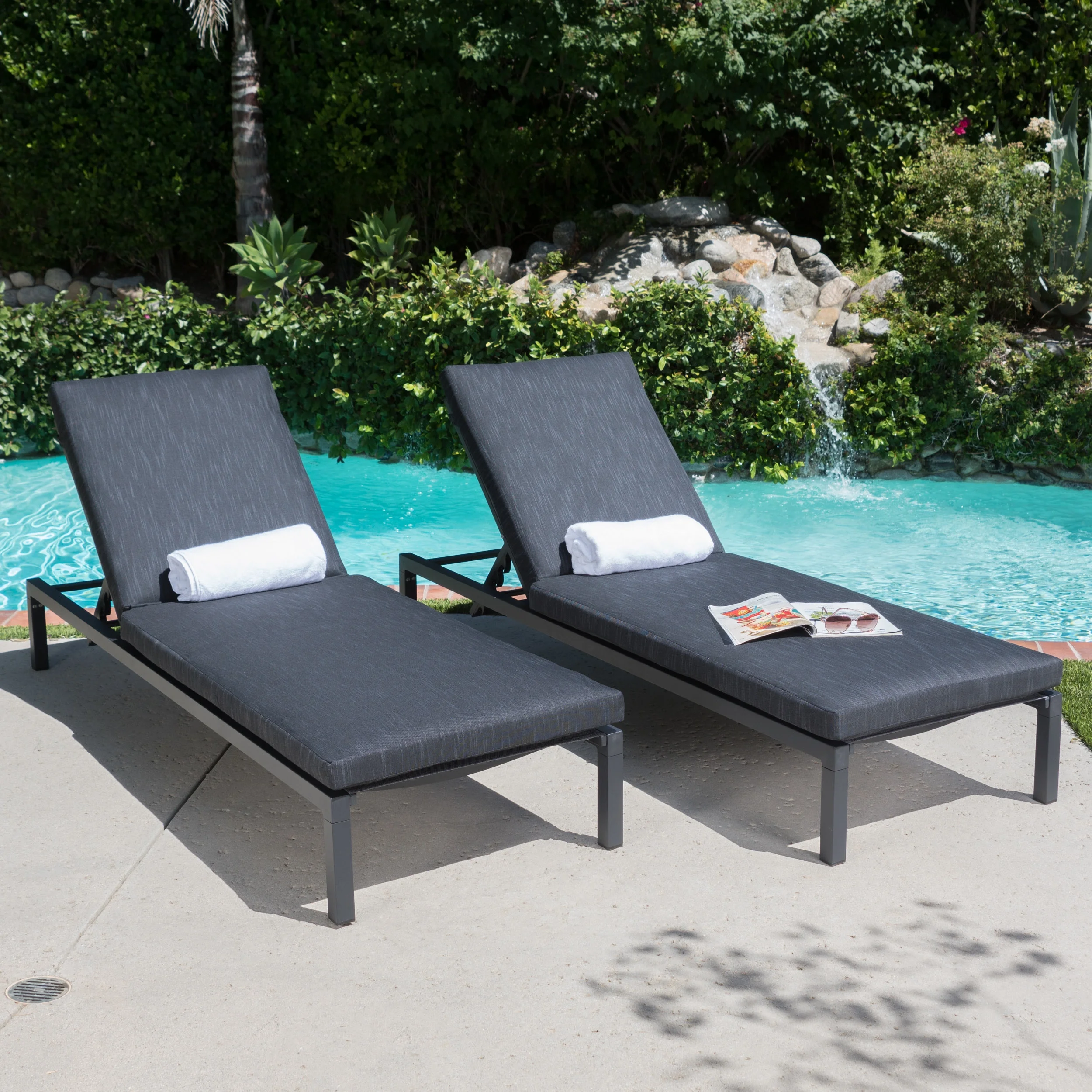 Nigel Outdoor Mesh Chaise Lounge with Aluminum Frame and Cushion , Set of 2, Dark Grey, Black