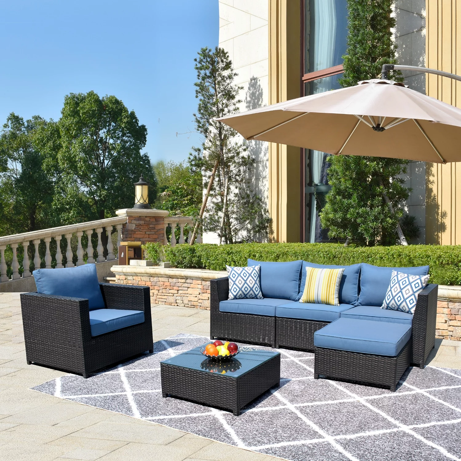 OVIOS Big size 6-Piece rattan sectional, Outdoor Garden Sofa sectional, Wicker Patio Furniture with Wather Resistant Cushion ( Blue)