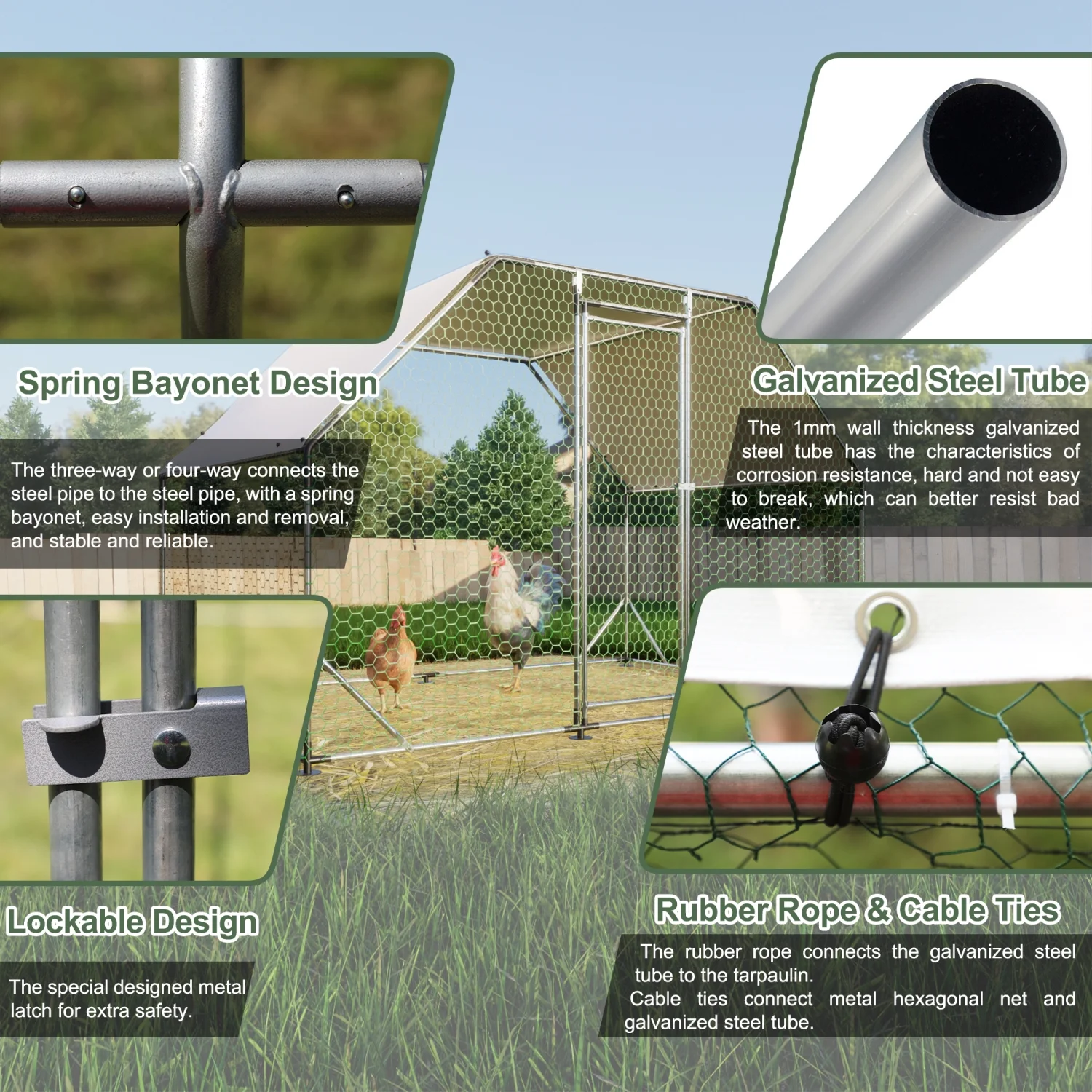 JHOOTUUO Metal Large  Coop Walk-in Poultry Cage Run  Shaped with Waterproof 9.94‘L x 6.46‘W x 6.36‘ft