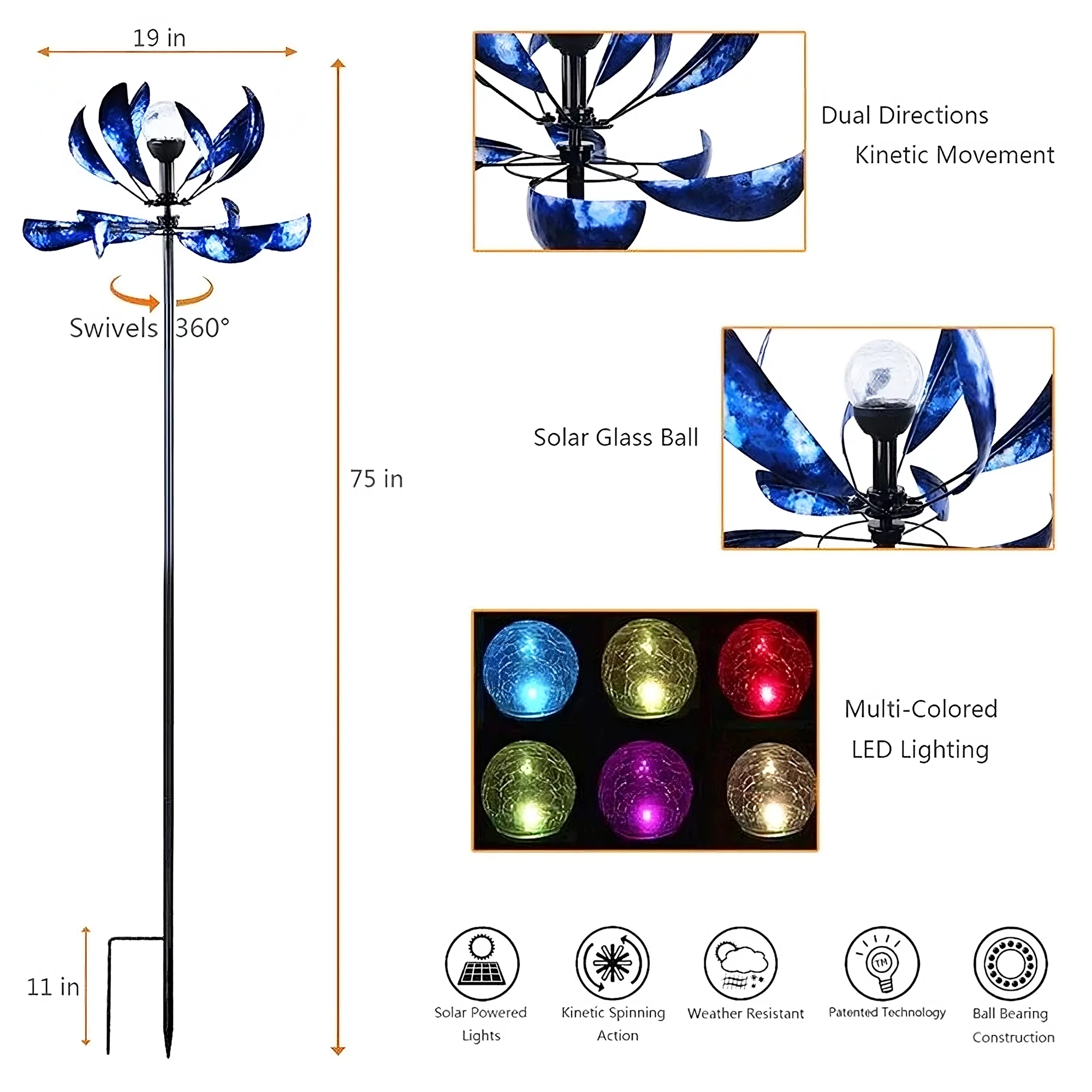 Wind Spinner, 75 inch Metal Wind Spinners with Solar LED Light, Mazarine Blue Large Size Windmill for Outdoor Yard Patio Lawn & Garden
