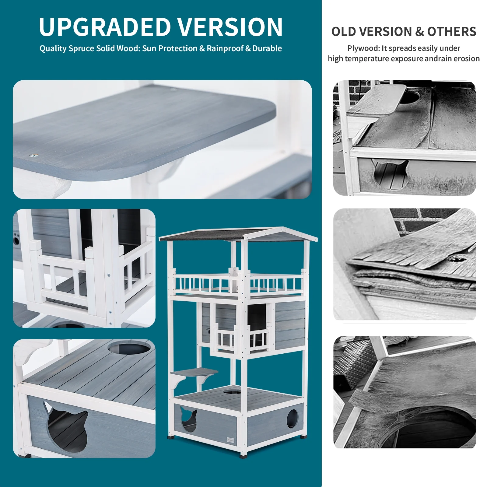 Petsfit 4-Level Outdoor Cat Wood House with Sun Deck,31 x 29 x 57 inches,Light Blue