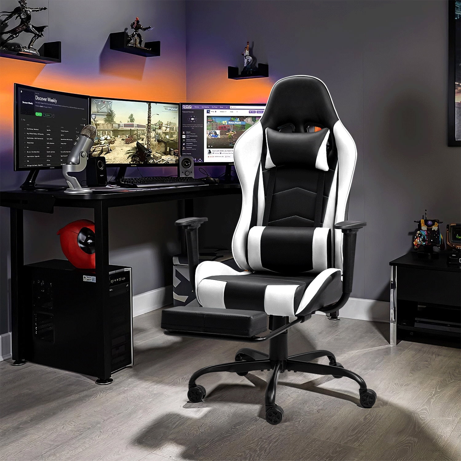 Lacoo High Back Gaming Chair Swivel Office Chair PU Leather Adjustable Height Ergonomic Gaming Chair with Lumber Support, Headrest and Footrest, White