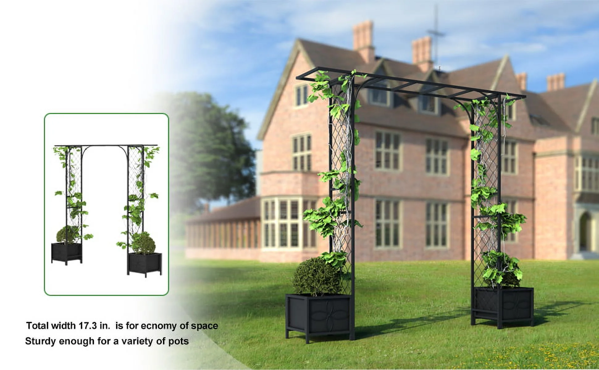 Zhongma Metal Garden Arbor with Planters, 83.5'' High x 90.5'' Wide, Outdoor Arch for Climbing Plant, Decorations Pergola with Plant Baskets