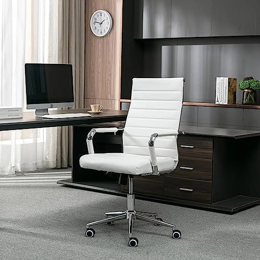 TJCGDTY Home Office Chair Ribbed  Modern Leather Conference Room Chairs  Ergonomic Office Desk Chair  High Back Executive Computer Chair  Adjustable Swivel Chair with Arms (White)