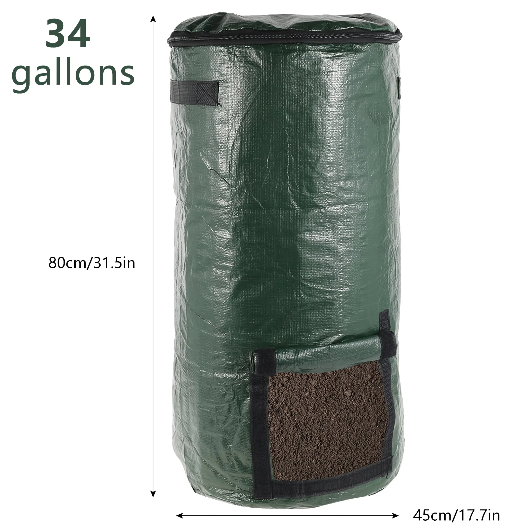 Organic Compost Bag, 80 x 40cm Large Capacity PE Fermenting Waste Bag with Lid for Kitchen, Garden, Yard, Outdoor Compost (Dark Green)