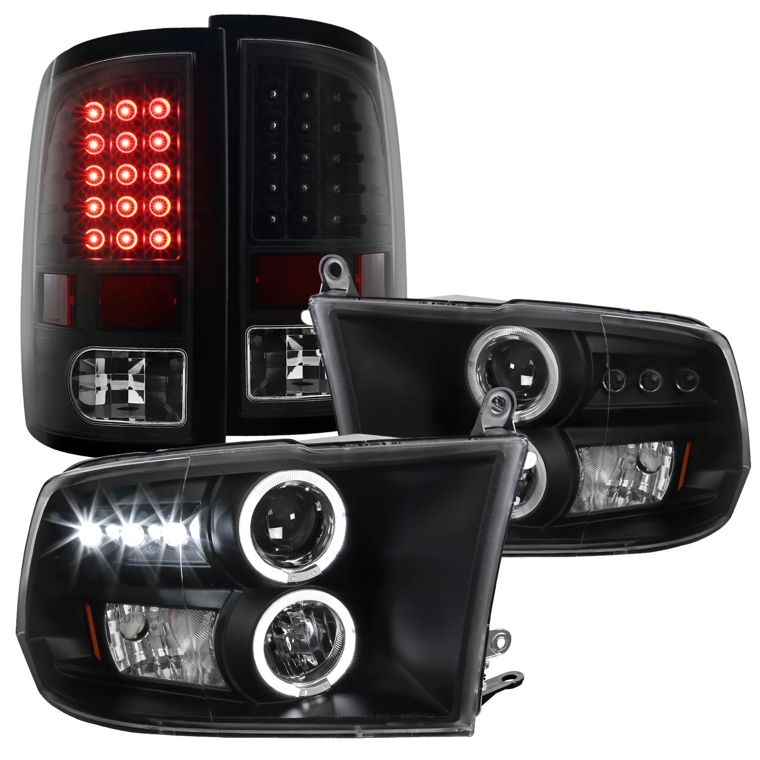 Spec-D Tuning Black SMD Halo Projector Headlight + Bumper + LED Fog Lamp Compatible with 2009-2018 Dodge Ram 1500, 2010-2018 Dodge Ram 2500/3500 Left + Right Pair Headlamps Assembly