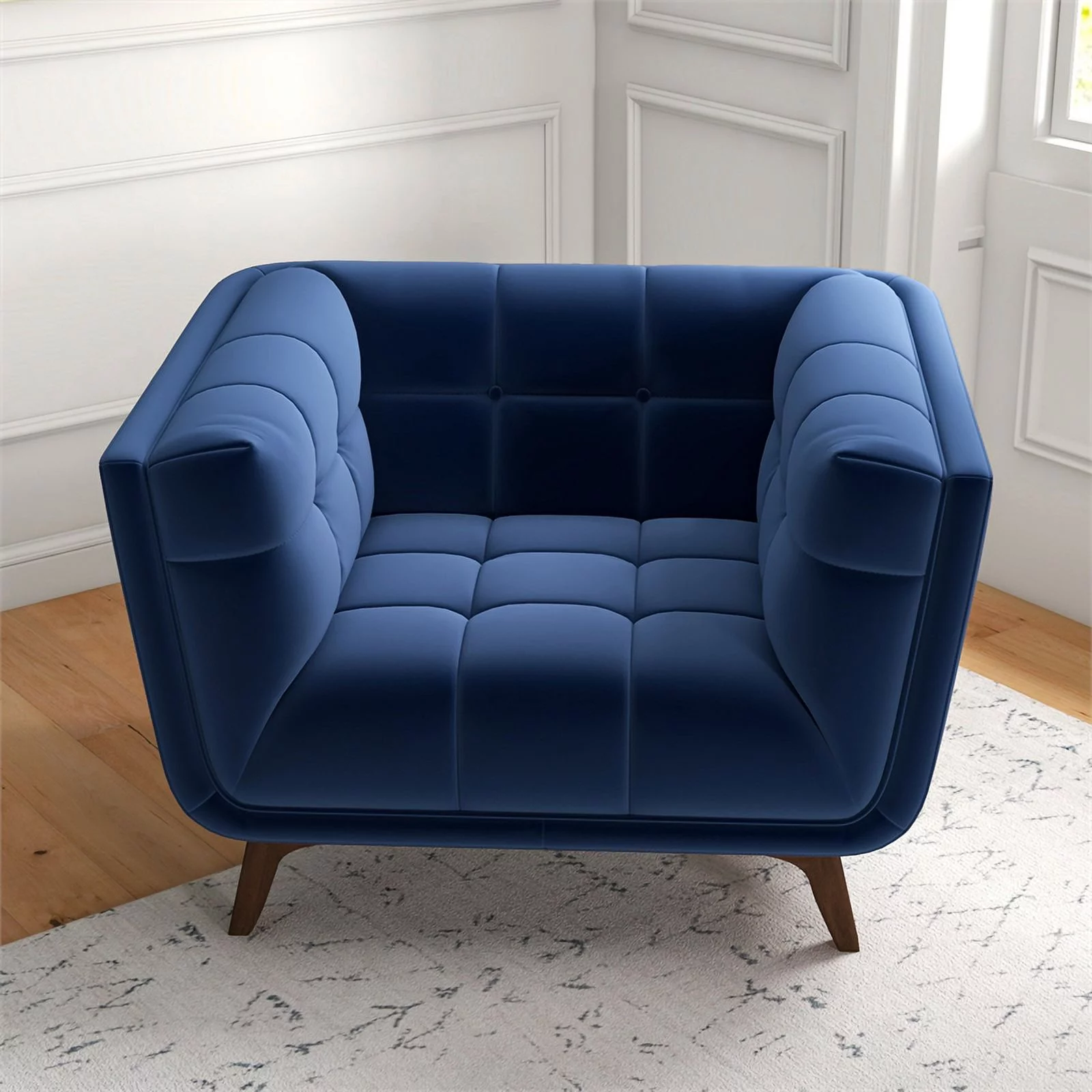 Allen Mid-Century Tufted Tight Back Velvet Upholstered Lounge Chair in Blue