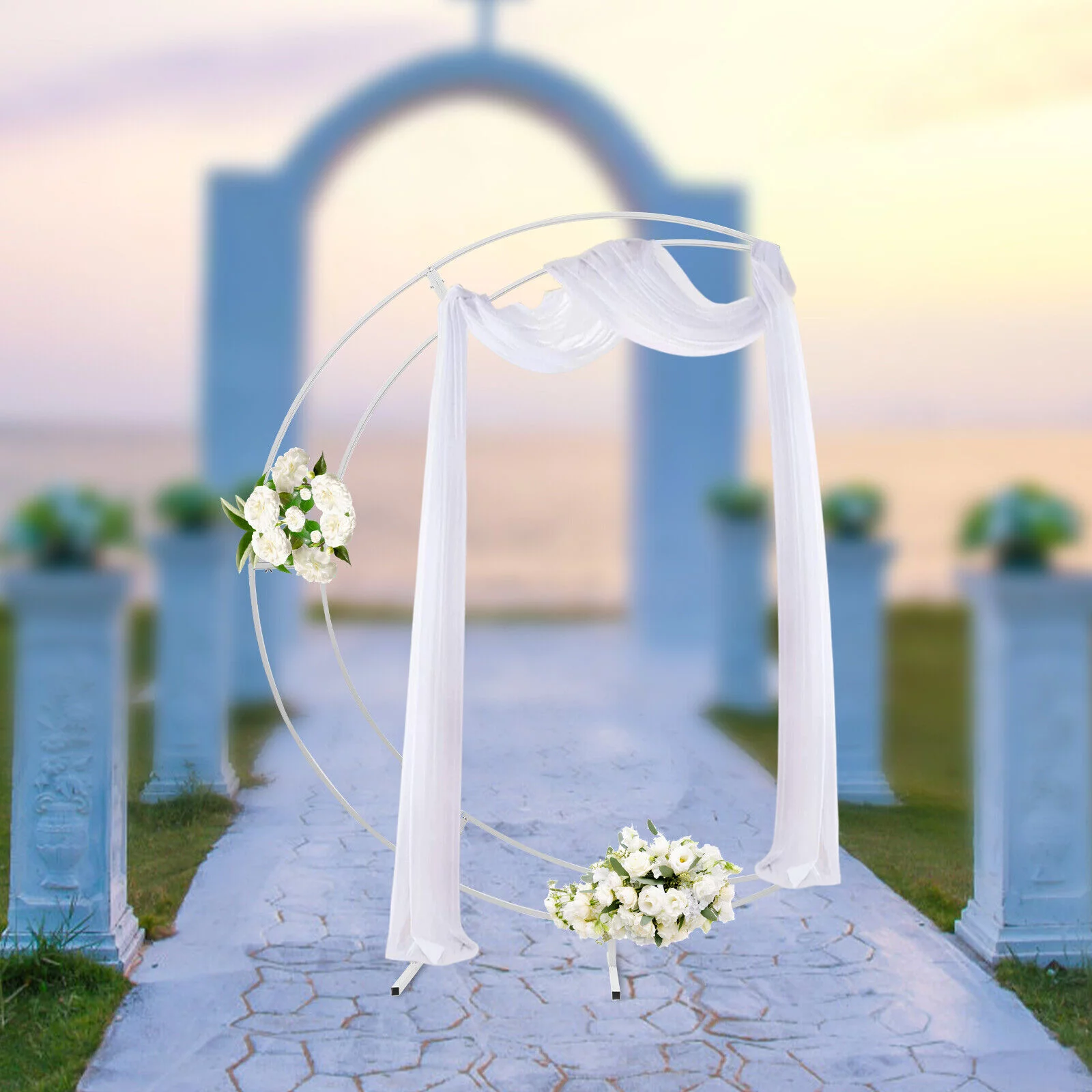 7 ft Moon Metal Floral Display Frame, White Crescent Wedding Arch Stand