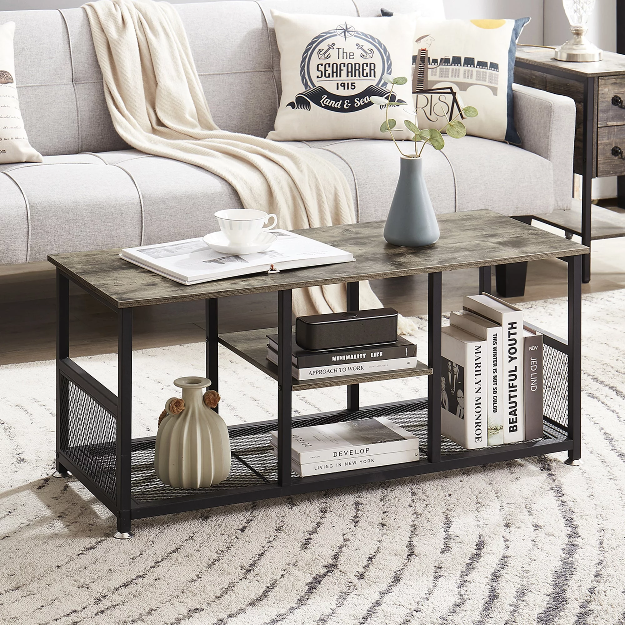 VECELO Rectangle Coffee Table with Storage Shelf for Living Room, Metal Frame, Gray