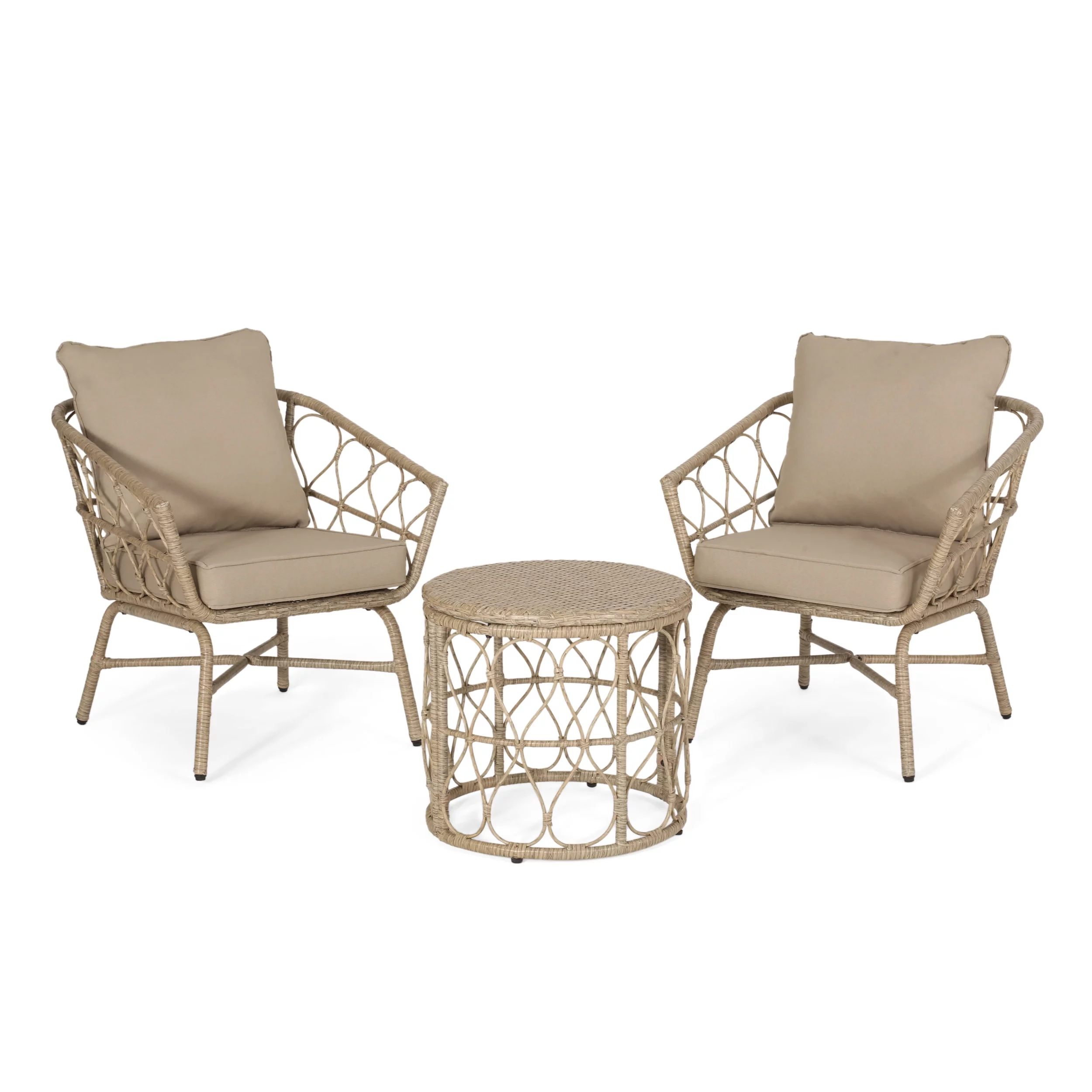 Montserrat Wicker Outdoor 3 Piece Chat Set with Cushions, Light Brown and Beige