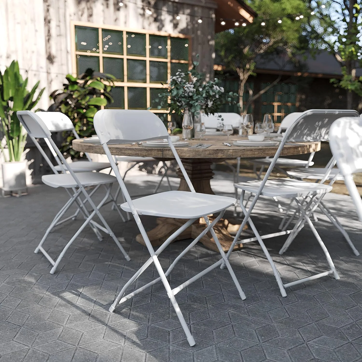 Hercules Series Plastic Folding Chairs for Parties and Weddings, Stackable Commercial Event Seats with 650-lb. Static Weight Capacity, Set of 6, White