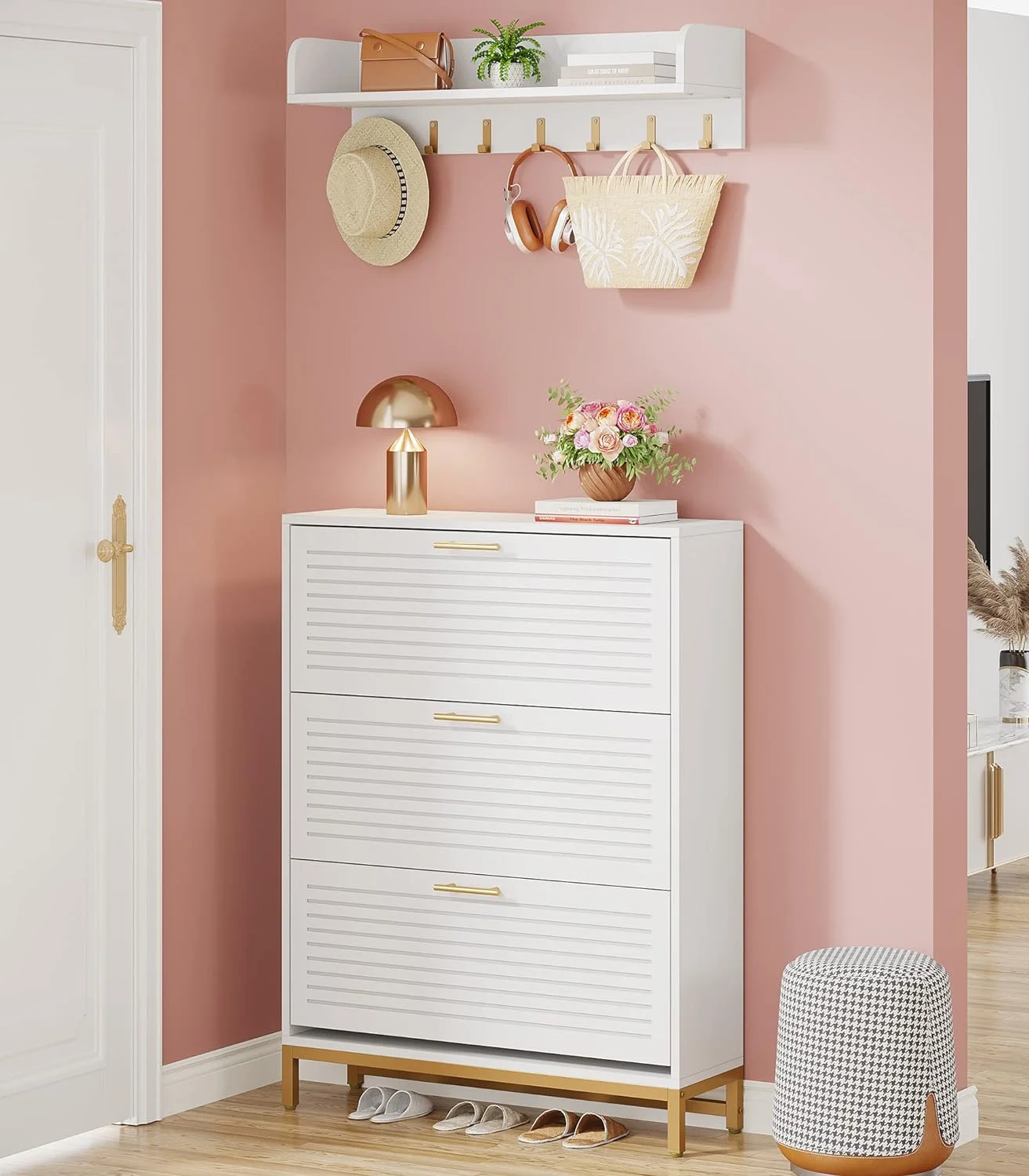 Tribesigns Modern Shoe Storage Cabinet and Wall Mount Coat Rack Set, Shoes Organizer Cabinets with 3 Flip Drawers