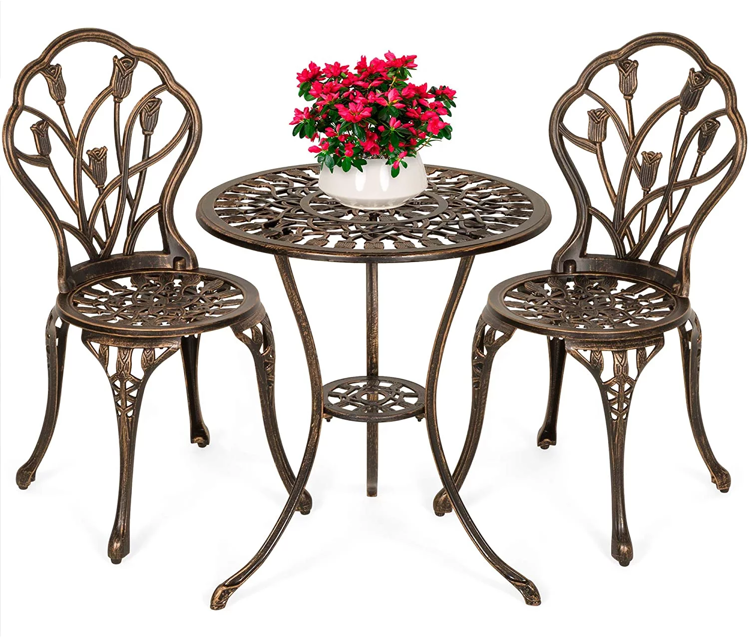 3-Piece Outdoor Rust-Resistant Cast Aluminum Patio Bistro Set w/Tulip Design, Antique Finish - Copper
