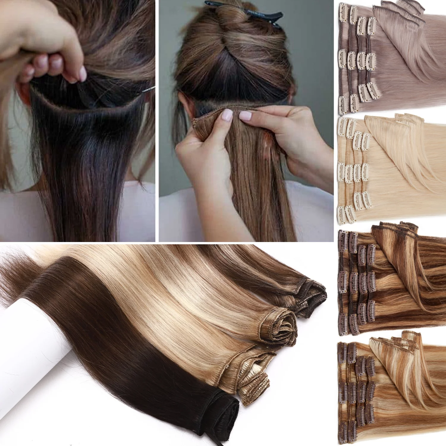 Benehair 100% Remy Human Hair Clip In Human Hair Extensions Full Head 8 Pcs Invisible Brown Hair Straight Smooth Hair Extensions US 8A Quality CLEARANCE