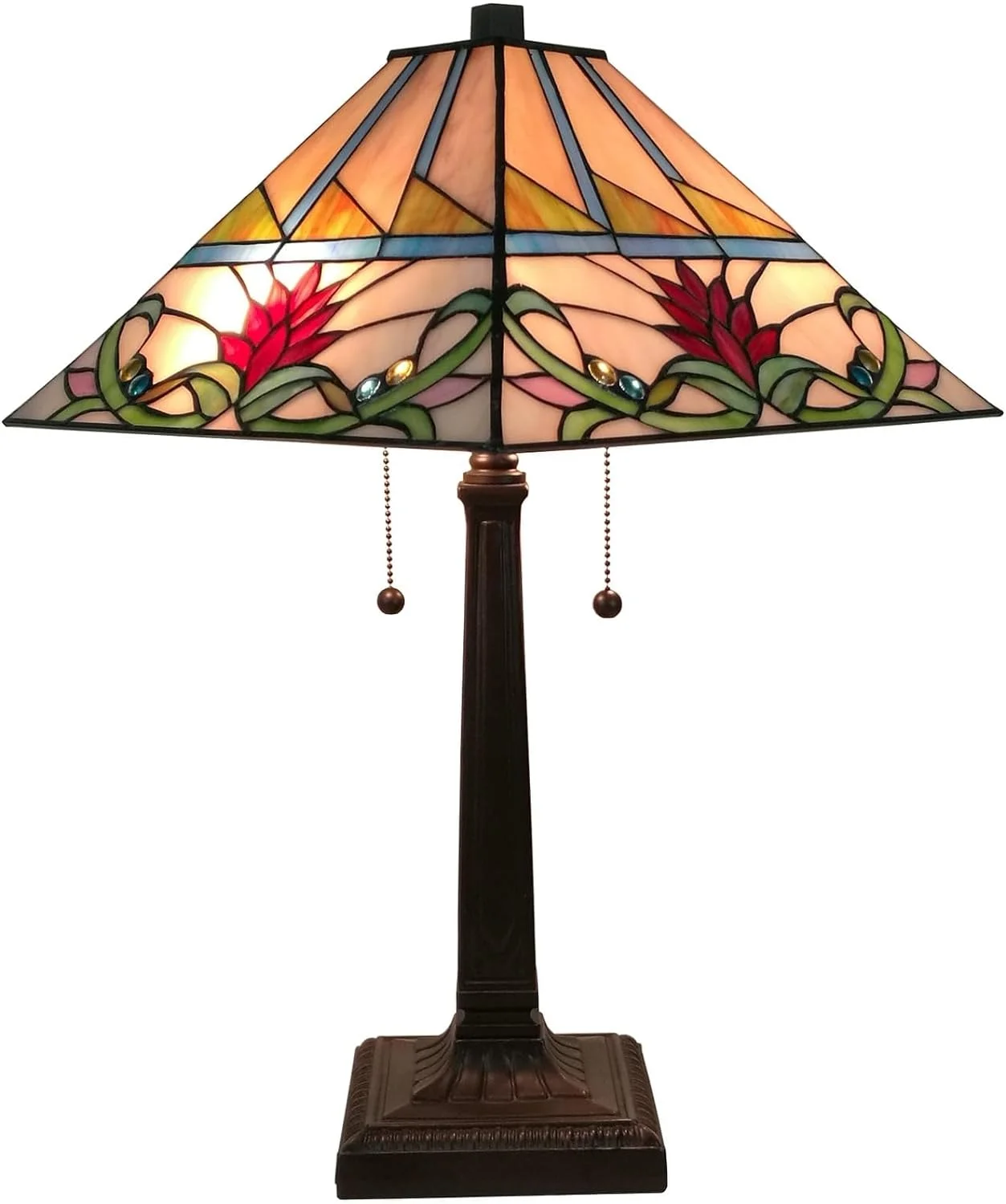 HYHBIBOOM Tiffany Style Table Lamp Banker Mission 22" Tall Stained Glass Tan Green Blue Red Floral Flower Vintage Antique Light Décor Living Room Bedroom Handmade Gift AM311TL14  Lig
