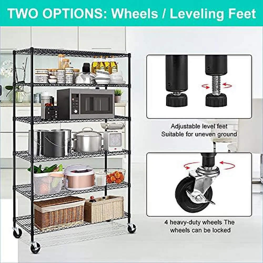 MQLIFEBOOM Metal Shelves Garage Shelving Wire Shelving Unit with Wheels  6000lbs Weight Capacity Heavy Duty NSF Height Adjustable  Shelves 6 Tier Steel Commercial Grade Wire Rack  Black