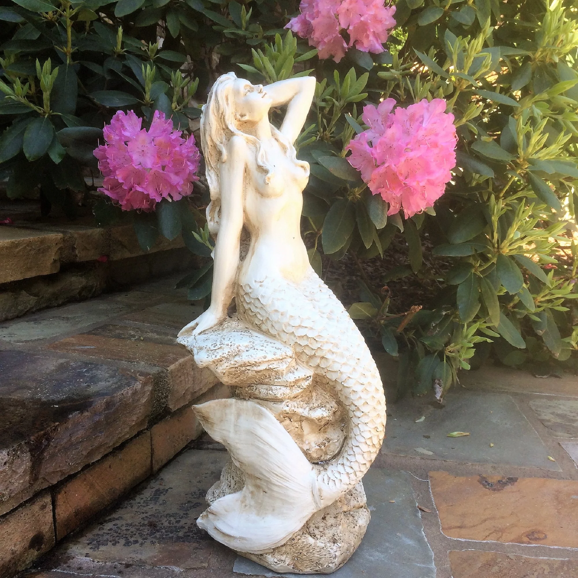 Homestyles 20 in. Antique White Sexy Mermaid Sitting on Coastal Rock Beach Nautical Extra Large Statue