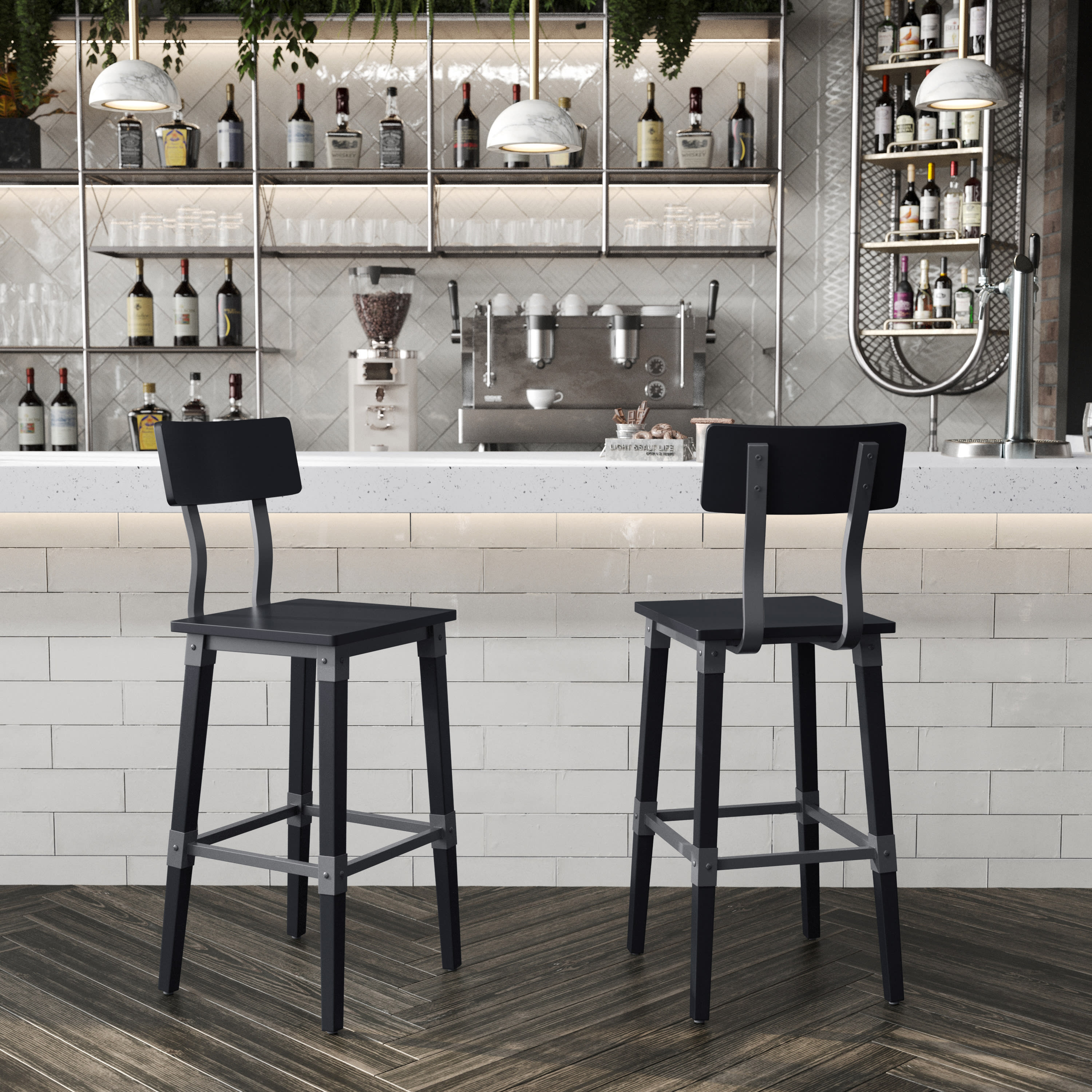 Flash Furniture 2 Pack Commercial Grade Rustic Black Industrial Wood Dining Barstool