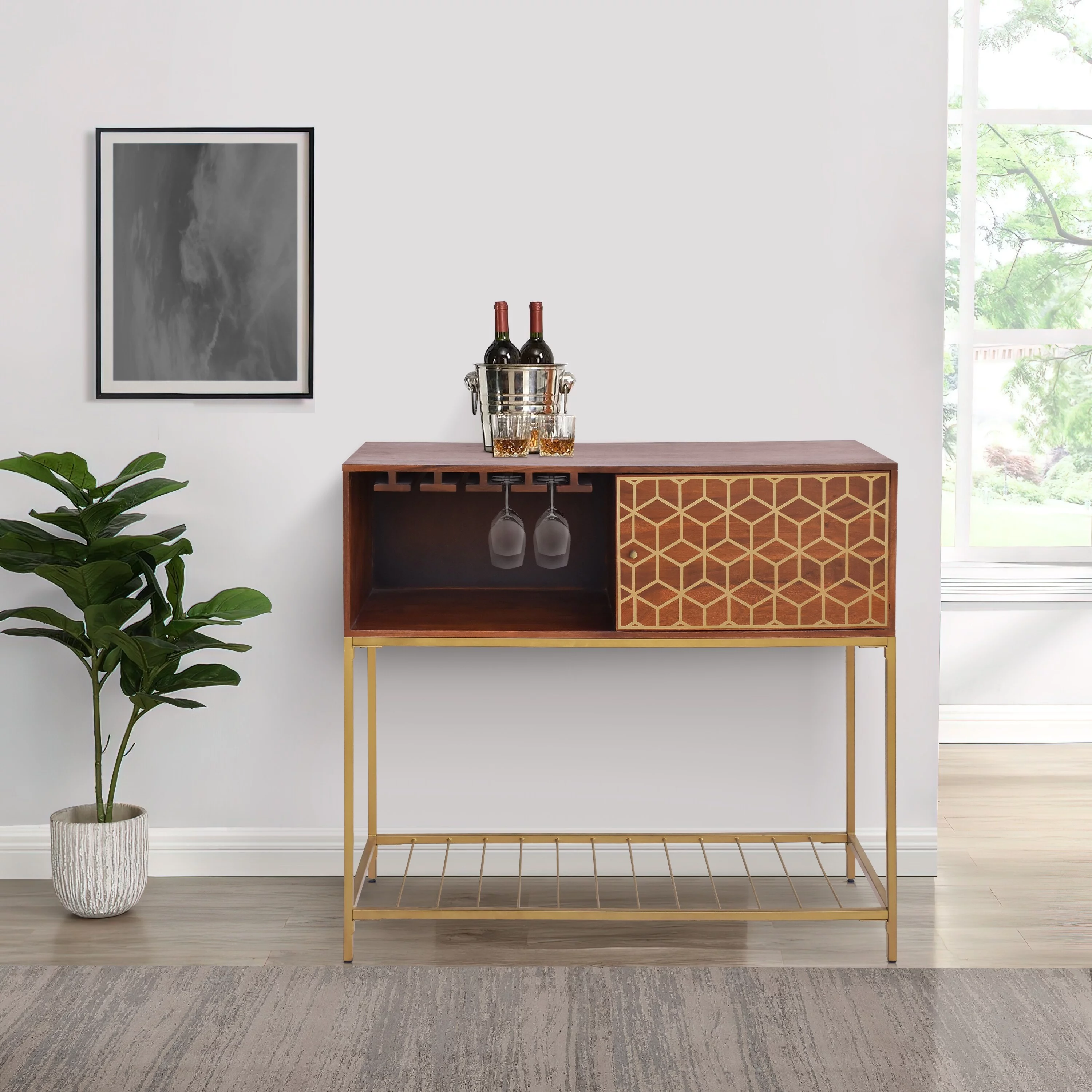 Kalyn 48 Inch Acacia Wood Bar Cabinet, 1 Door, Metal Frame, Geometric Screen Print, Brown, Brass