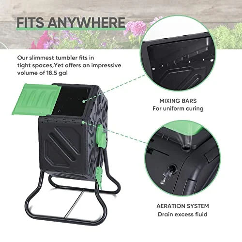 F2C 18.5 Gallon Compost Tumbler Compost Bin All-Season Outdoor BPA Free Single Rotating Chamber Composters w/ 2 Sliding Doors and Solid Steel Frame (18.5 Gallon)¡­
