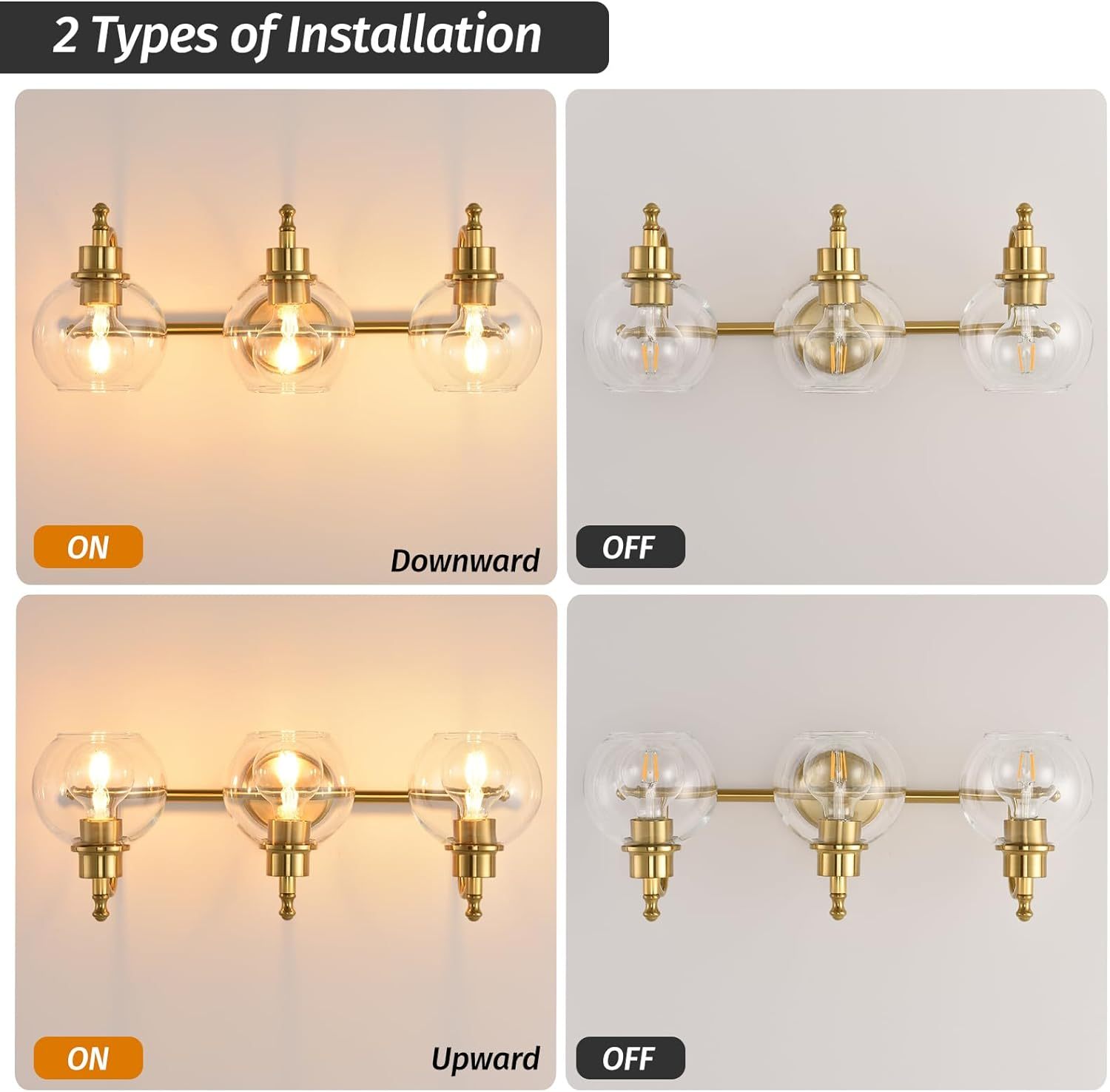 3-Lights Bathroom Vanity Lighting Fixtures Brushed Gold Modern Vanity Light 22Inch Bathroom Light Fixture Bathroom Lights Over Mirror with Clear Glass Shade for Living Room  Kitchen (E26