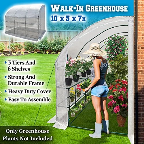 BenefitUSA Large Walk-in Wall Greenhouse 10x5x7'H with 3 Tiers/6 Shelves Gardening (White)