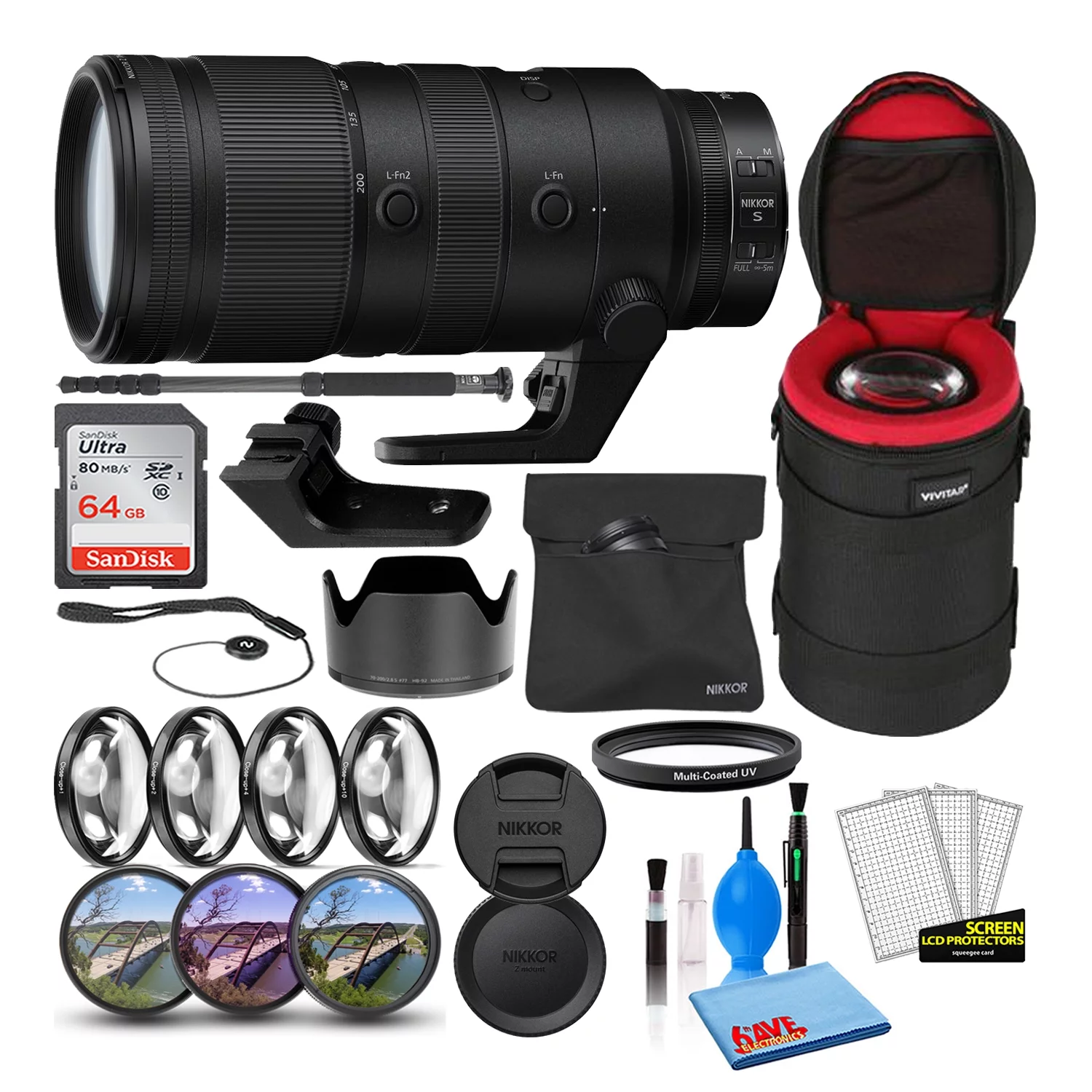 Nikon NIKKOR Z 70-200mm f/2.8 VR S Lens (20091) Bundle with 64GB Ultra SDHC Memory Card + Padded Lens Case + 70-Inch Pro Monopod + 8-Piece Filter Kit (Macro, UV, CPL, FLD)