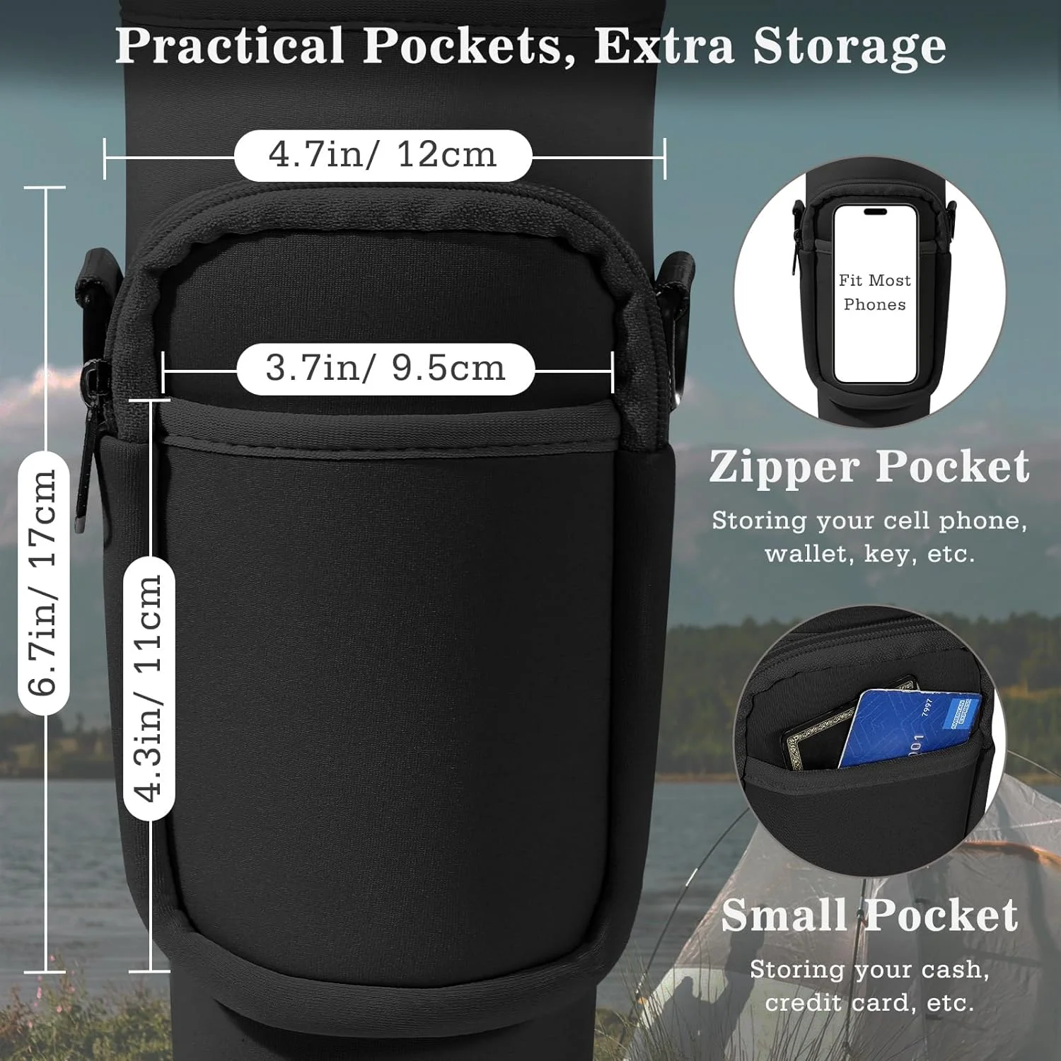 Nuovoware Water Bottle Carrier Bag Fit Stanley Quencher H2.0/Simple Modern, 40OZ Bottle Pouch Holder with Pocket Adjustable Shoulder Strap, Neoprene Water Bottle Holder for Hiking Camping, Black