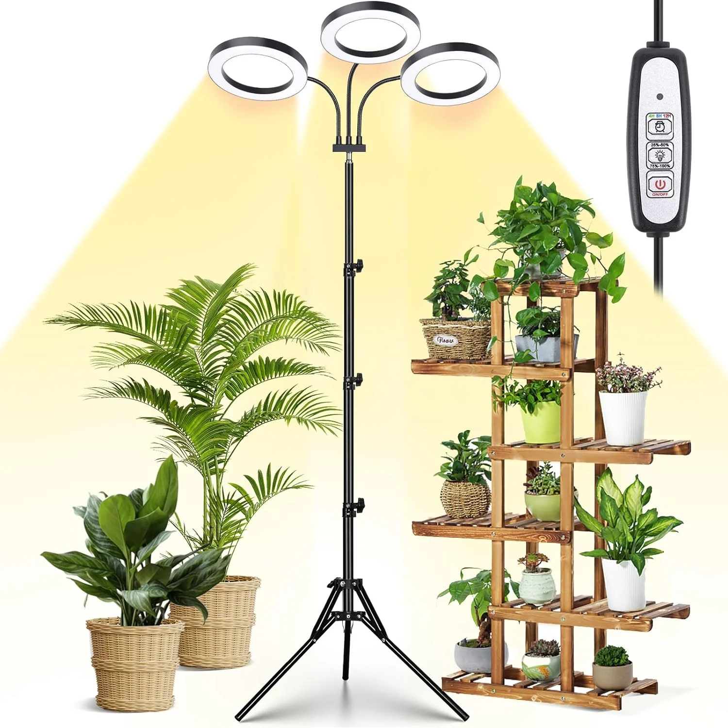 Grow Light for Indoor Plants, Tri-Head Plant Light for Plants Growing, Full Spectrum Growth Lamp with Auto Timer for 4/8/12H, 4 Dimmable Levels, 216 LEDs, Height Adjustable Stand 24.4