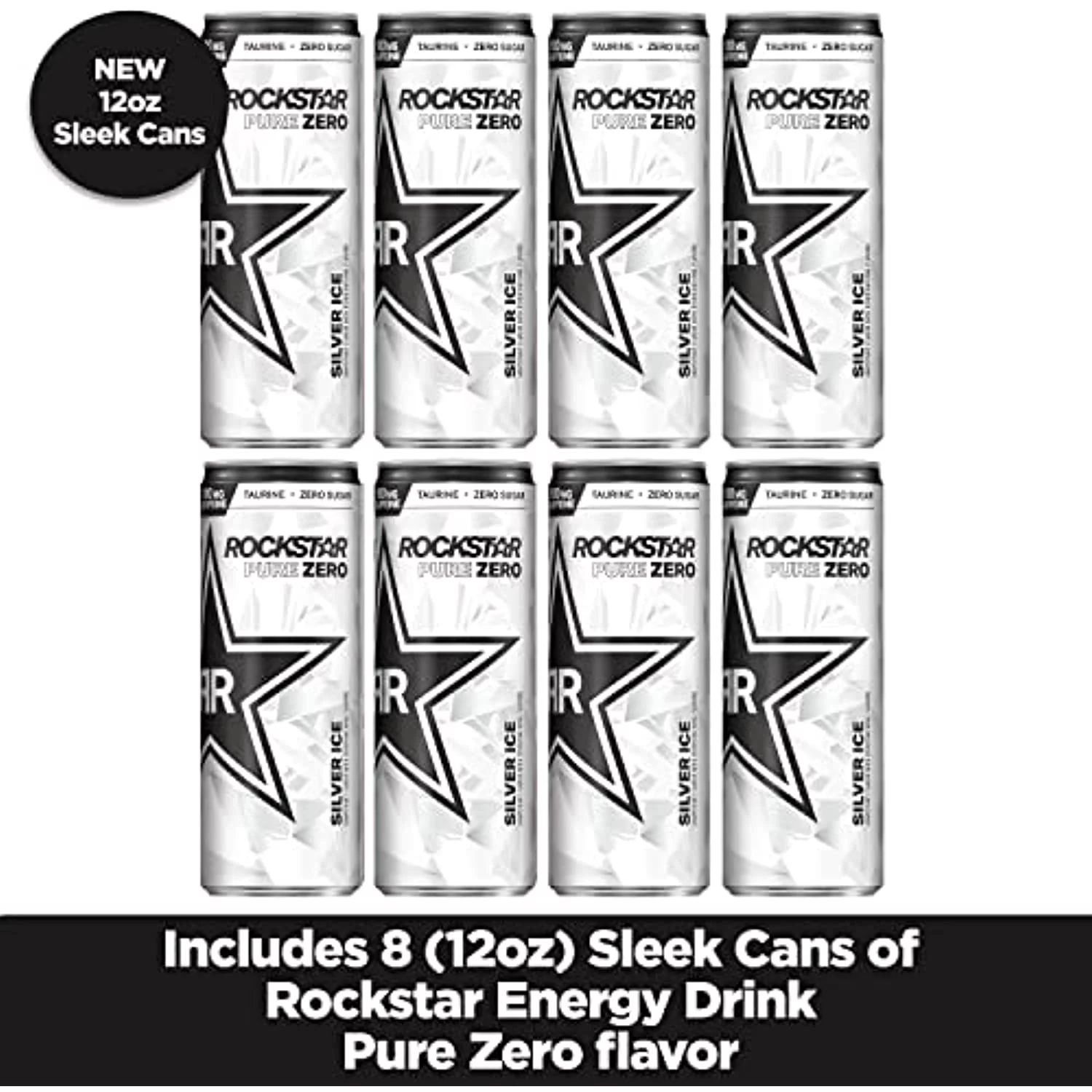 Rockstar Energy Drink, Pure Zero Silver Ice, 12Oz Sleek Cans (8 Pack)