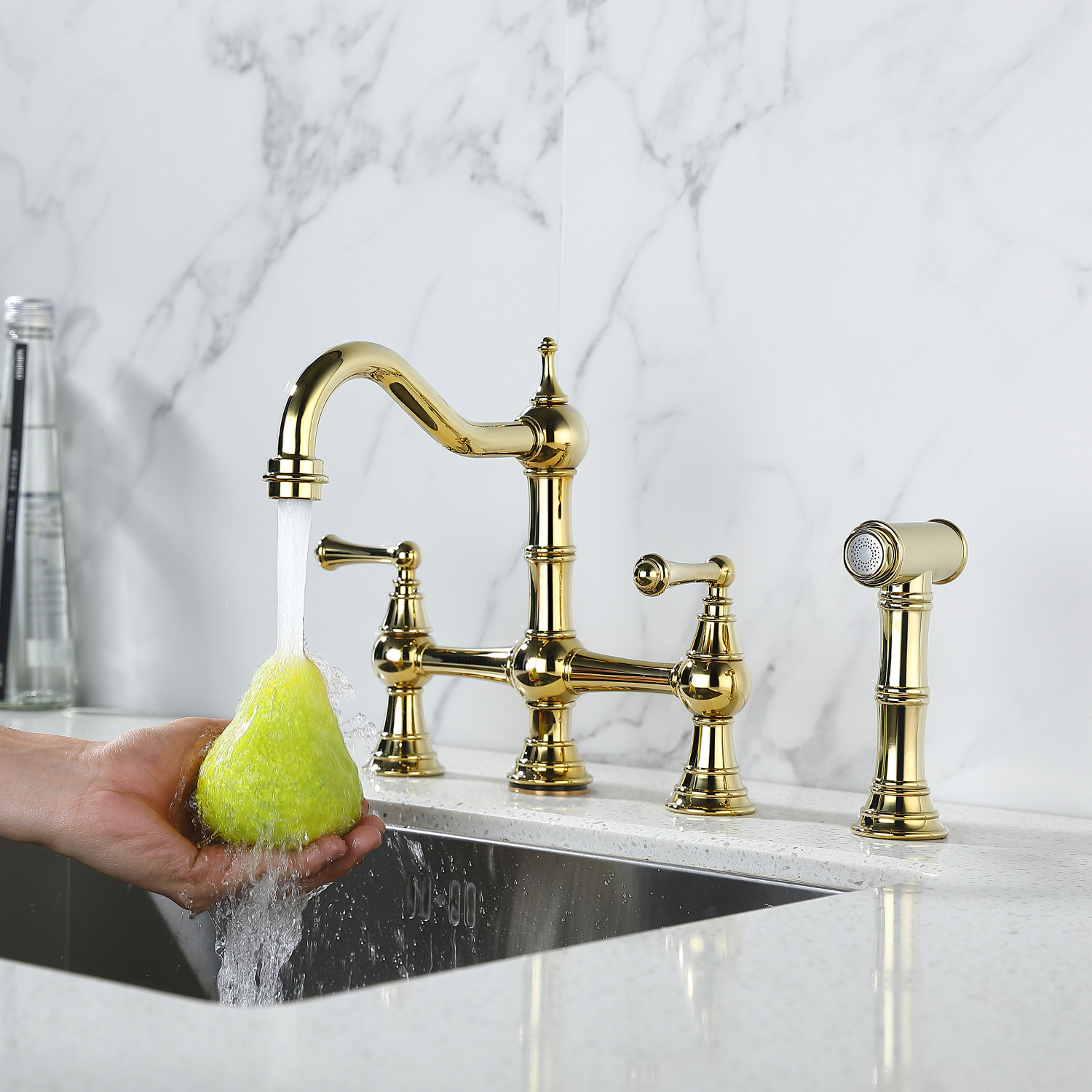 YLtoohoom Bridge Dual Handles Kitchen Faucet With Pull-Out Side Spray in