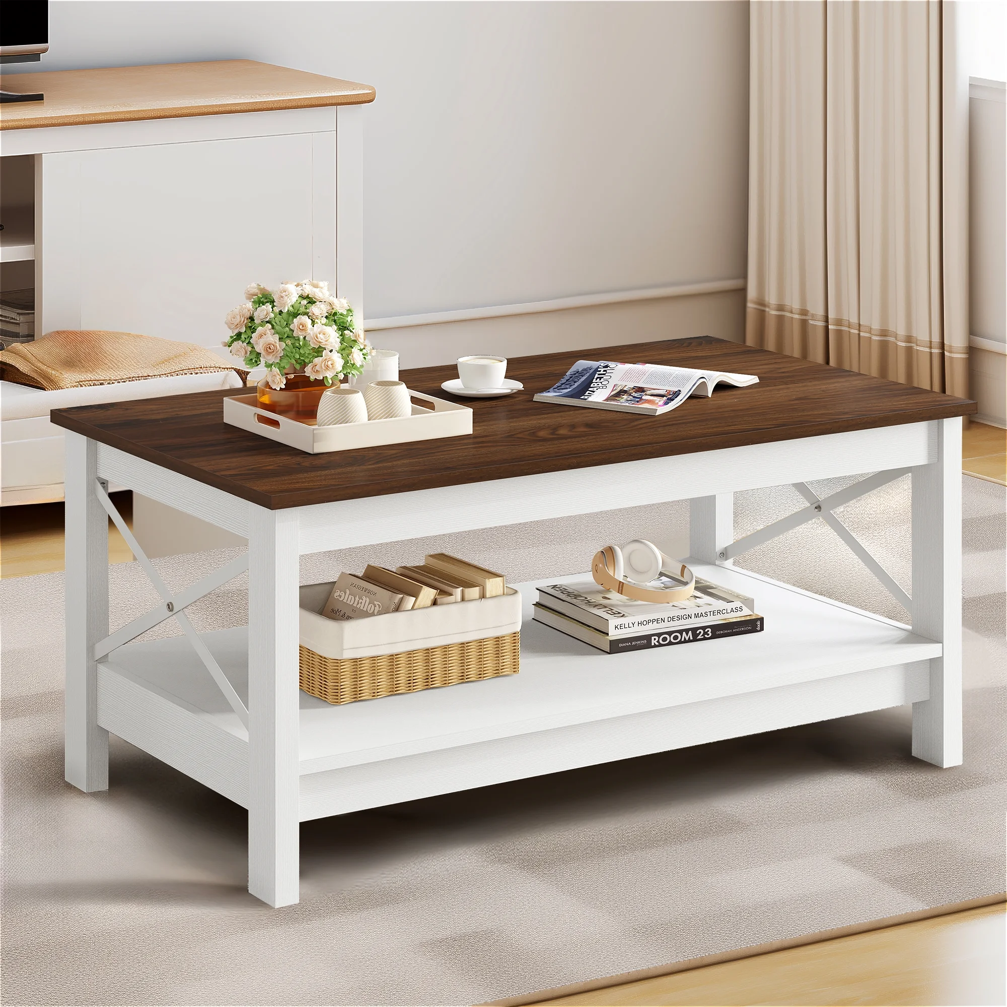 Dextrus Farmhouse Coffee Table with Open Storage Shelf, 2-Tier Thicken Wood Accent Cocktail Center Ends Table for Living Room Home Office, Brown and White