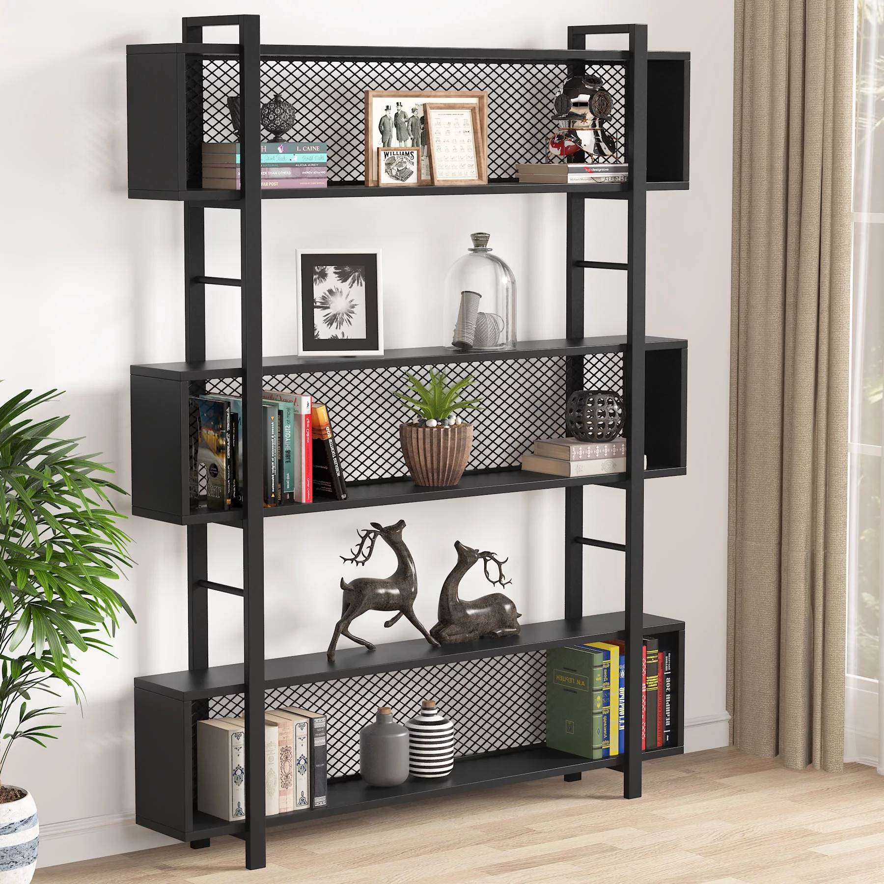 Modern 5-Tier Bookshelf Industrial Wide Bookcase Rustic Wood and Metal Standing Bookshelf