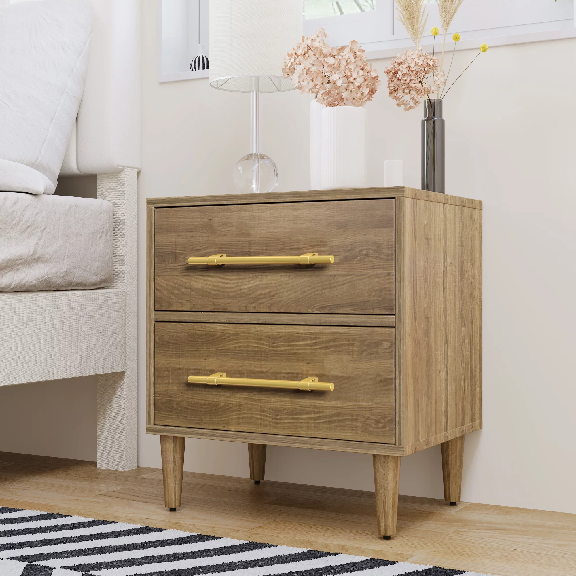 Lausatek Mid-Century Modern Easy Assembly Nightstand with Golden Handles With Two Drawers on Ball Bearing Drawer Slides & Gold Drawer Pulls