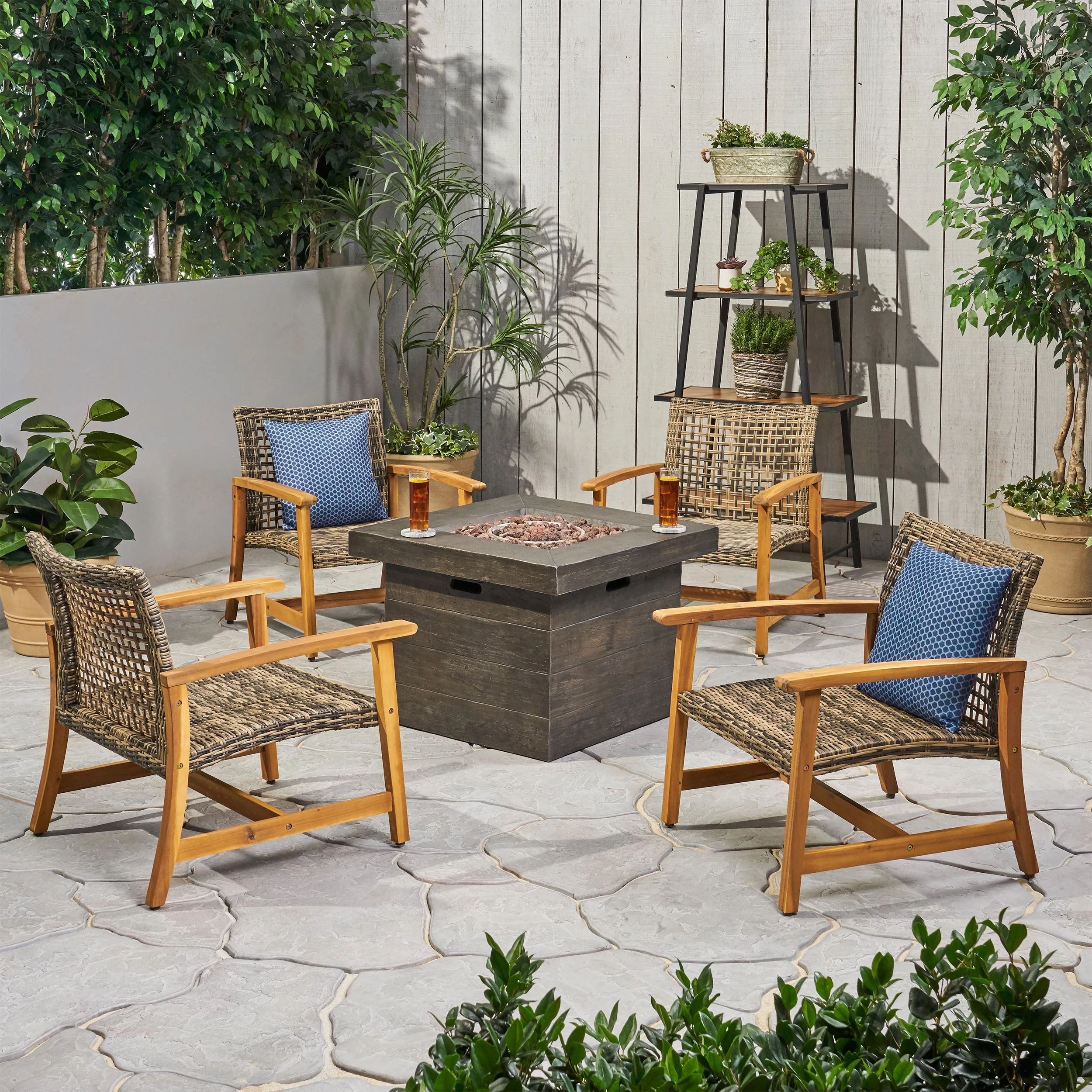 Harleigh Outdoor 5 Piece Wood and Wicker Club Chairs and Fire Pit Set, Gray and Brown